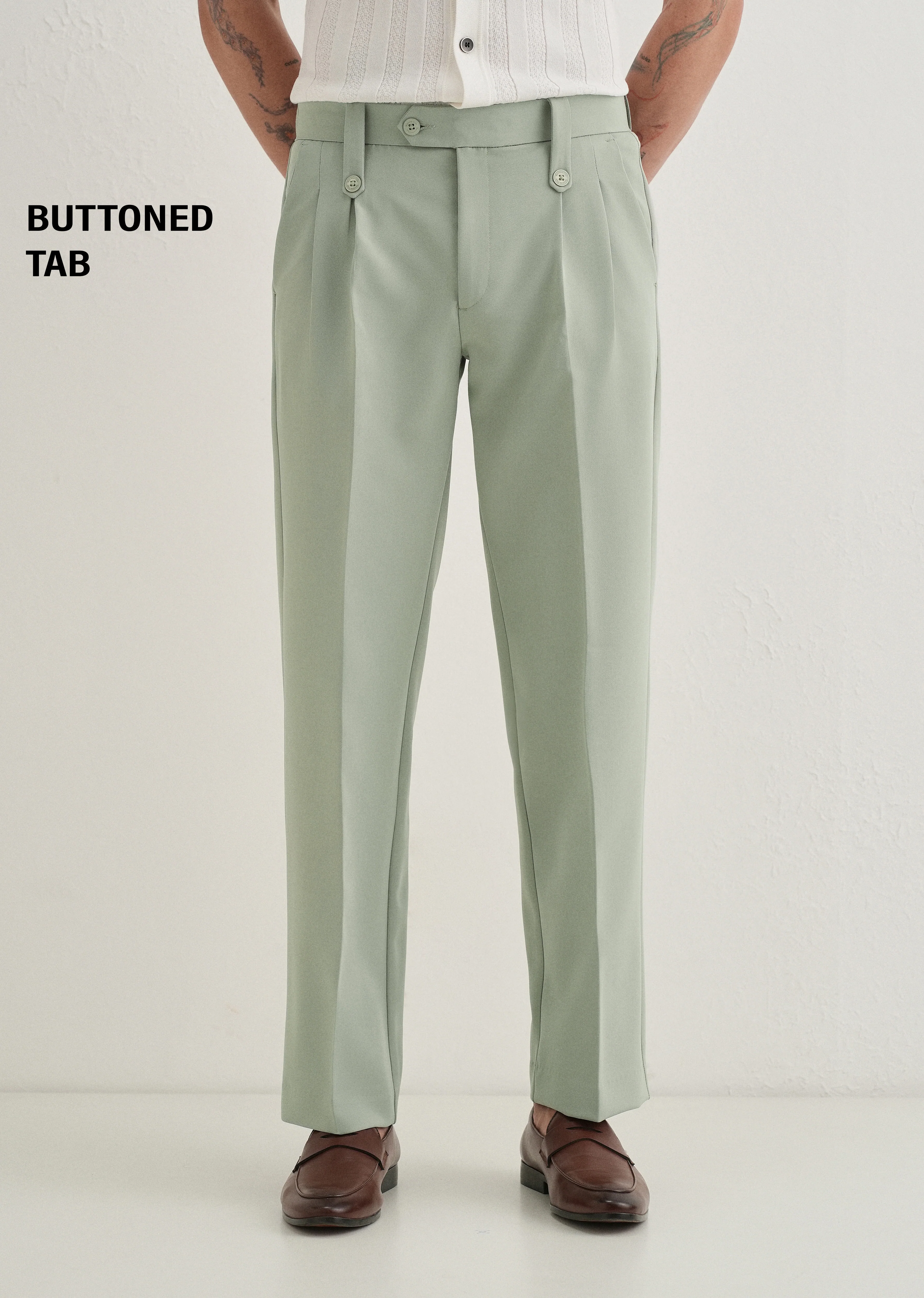 Pistachio Green Button-Tab Pleat Trouser - Image 7