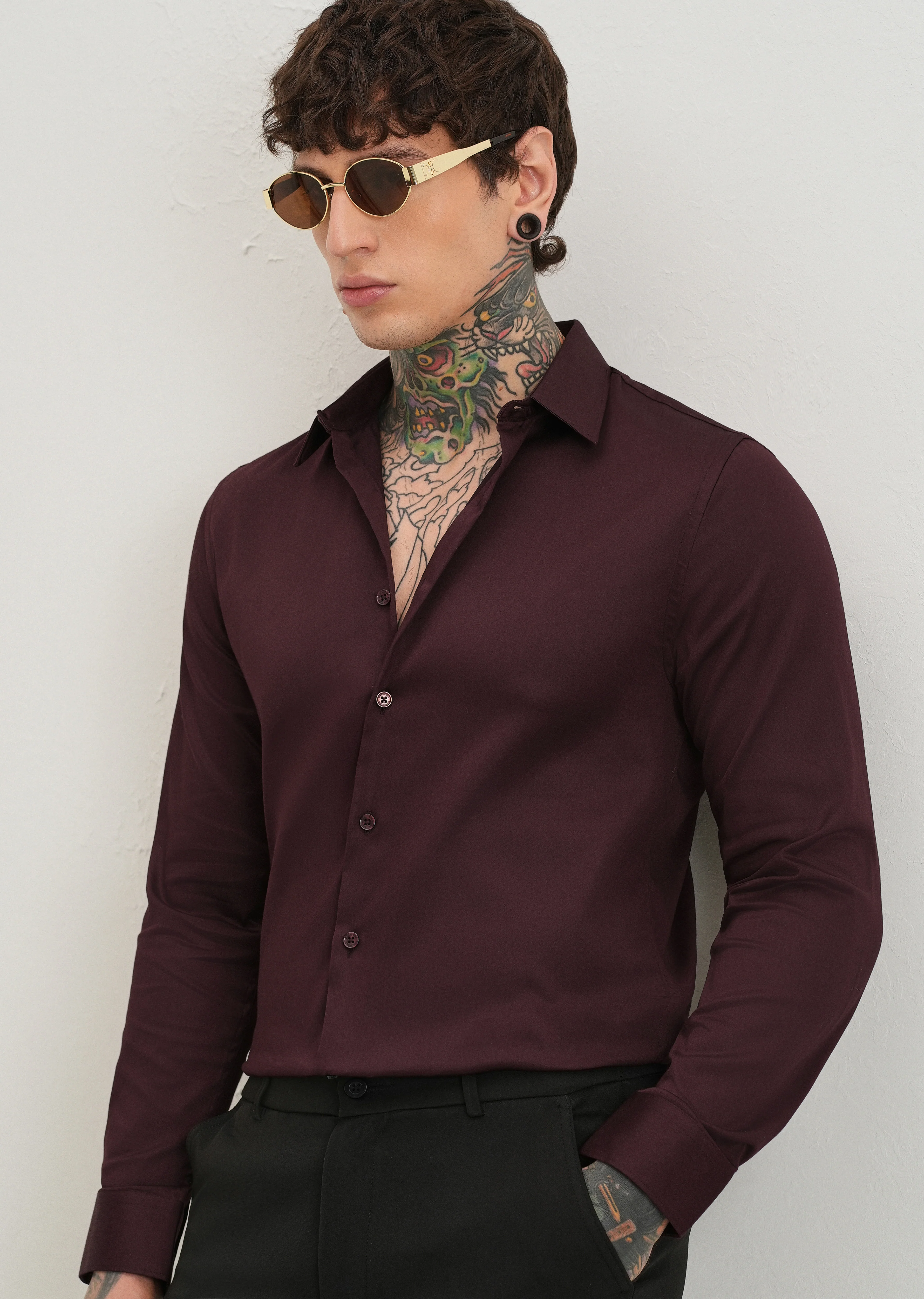 Plum Plain Satin Shirt - Image 7