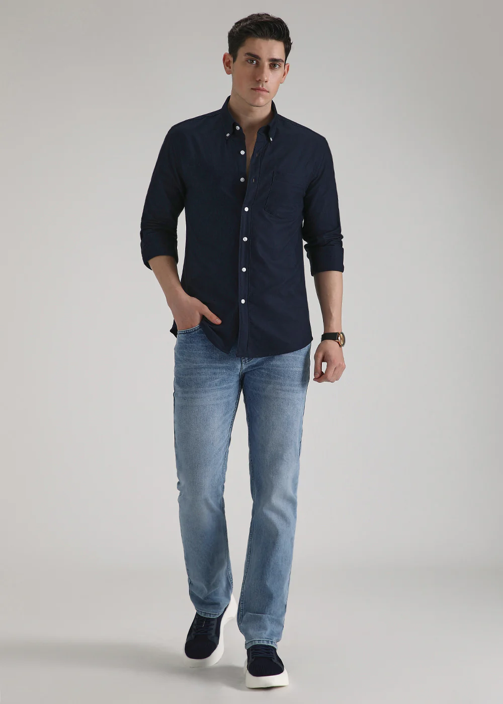 Prussian Blue Plain Cotton Oxford Shirt - Image 6