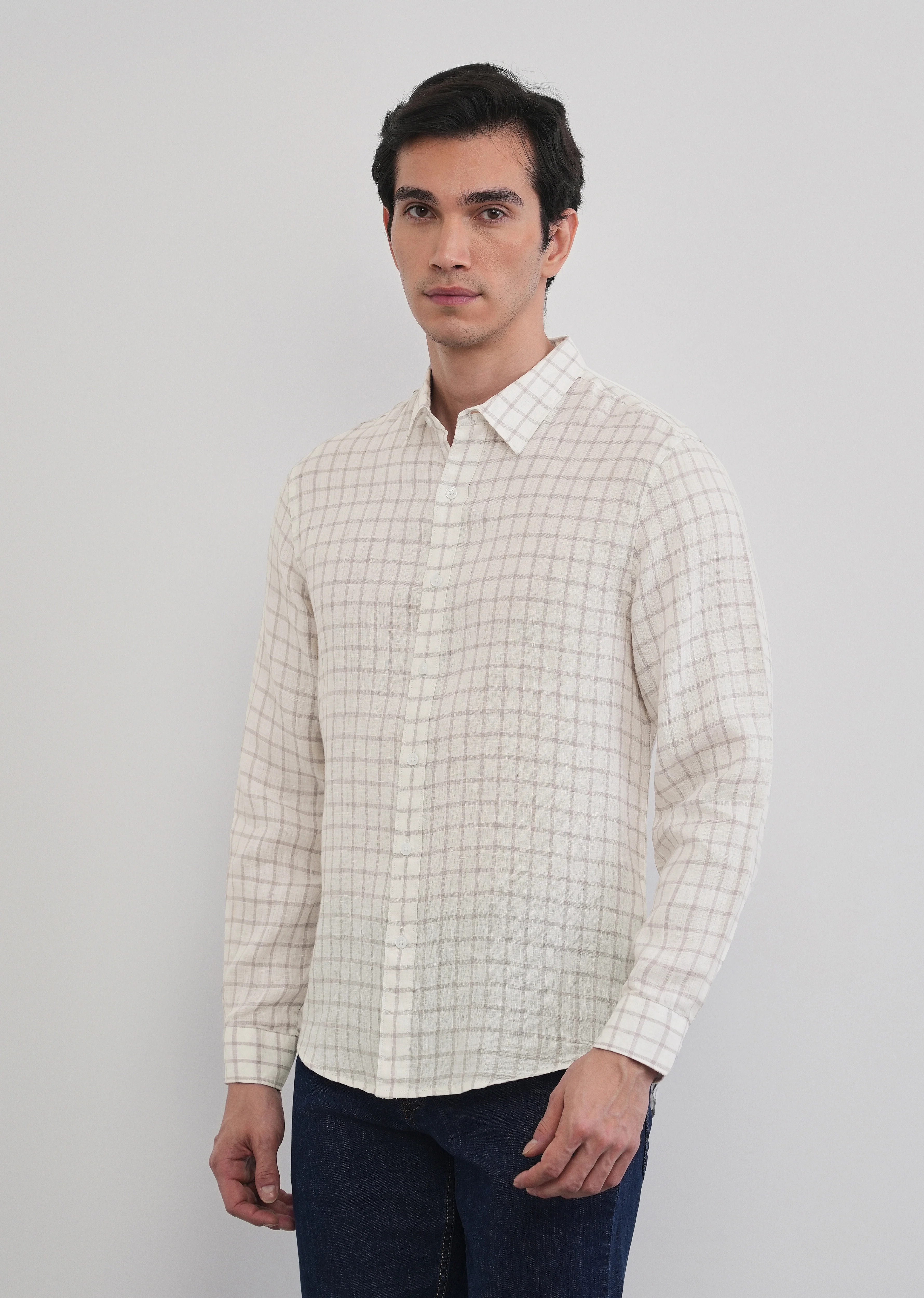 Purple 100% Pure Linen Classic Check Shirt - Image 5