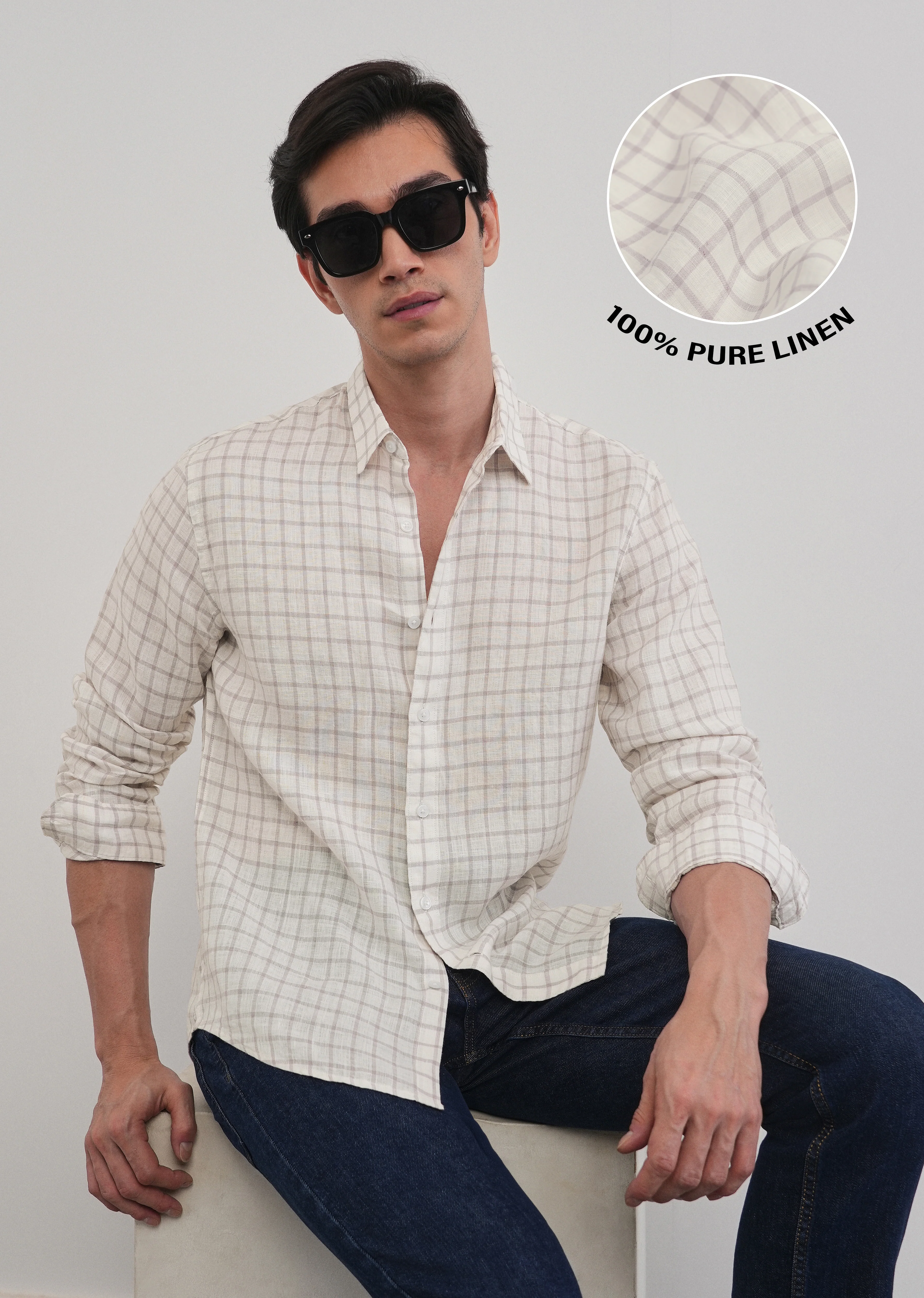 Purple 100% Pure Linen Classic Check Shirt - Image 8