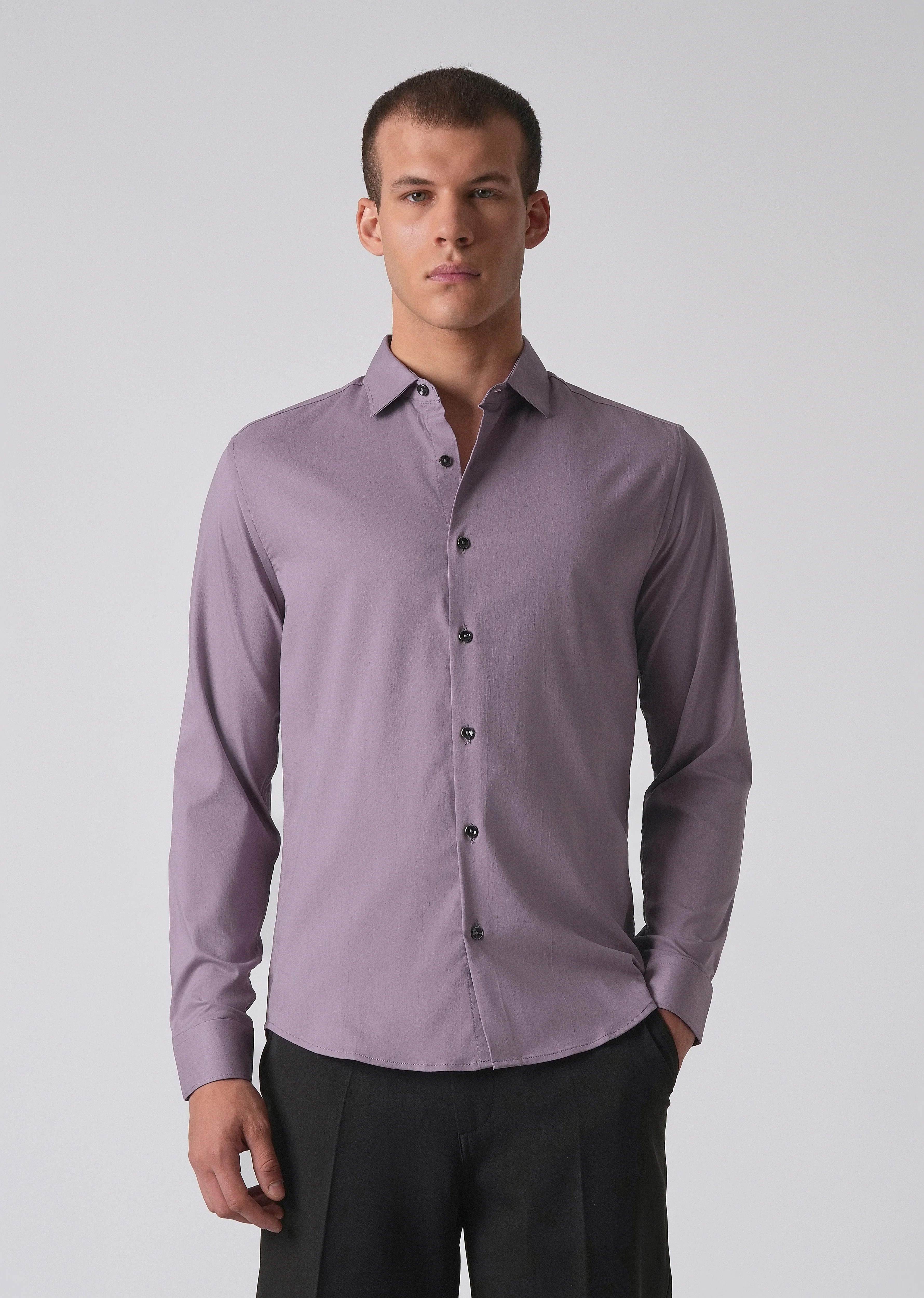 Purple Cotton Stretch Plain Shirt - Image 3