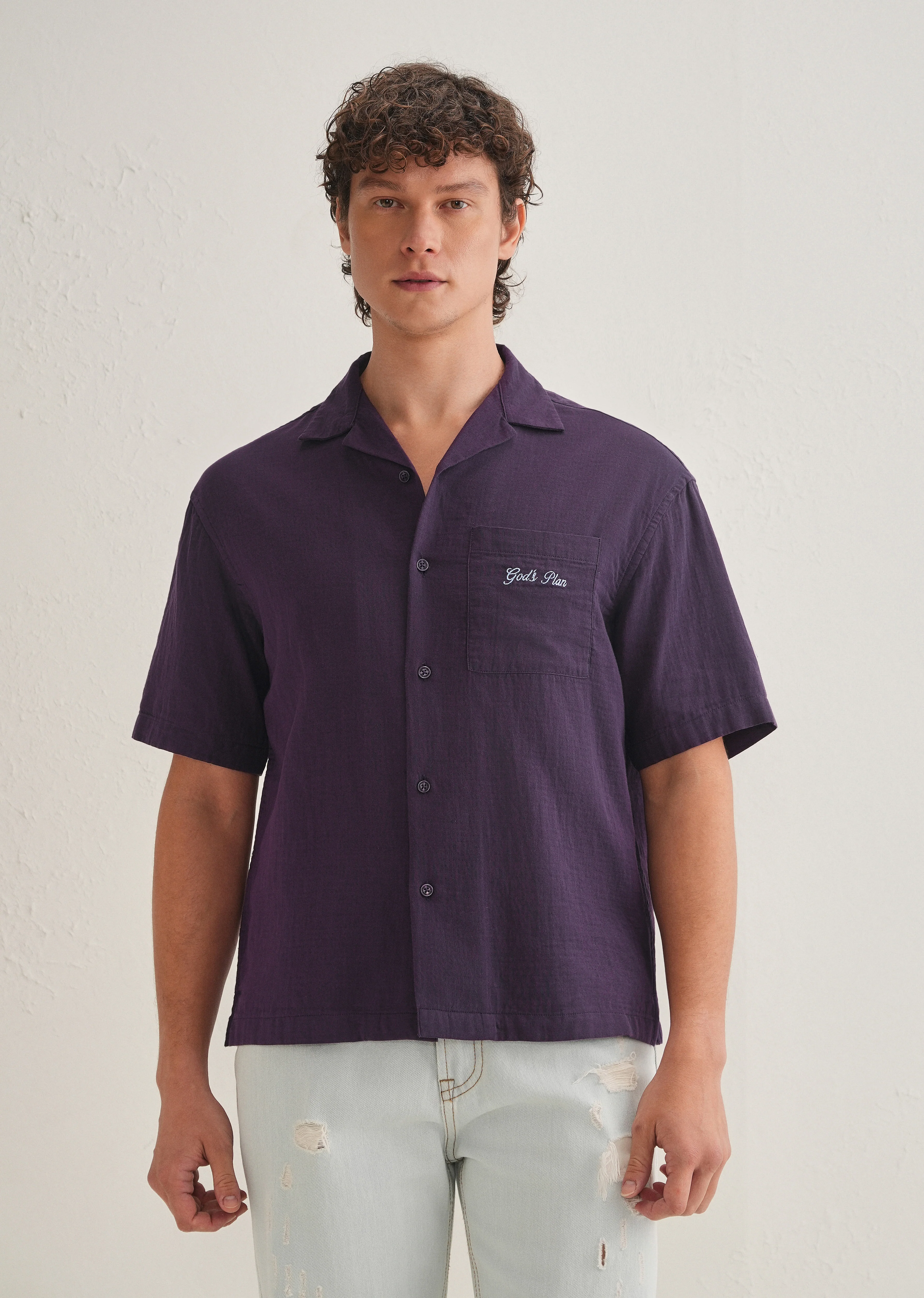 Purple Embroidered Double Cloth Cotton Shirt - Image 3