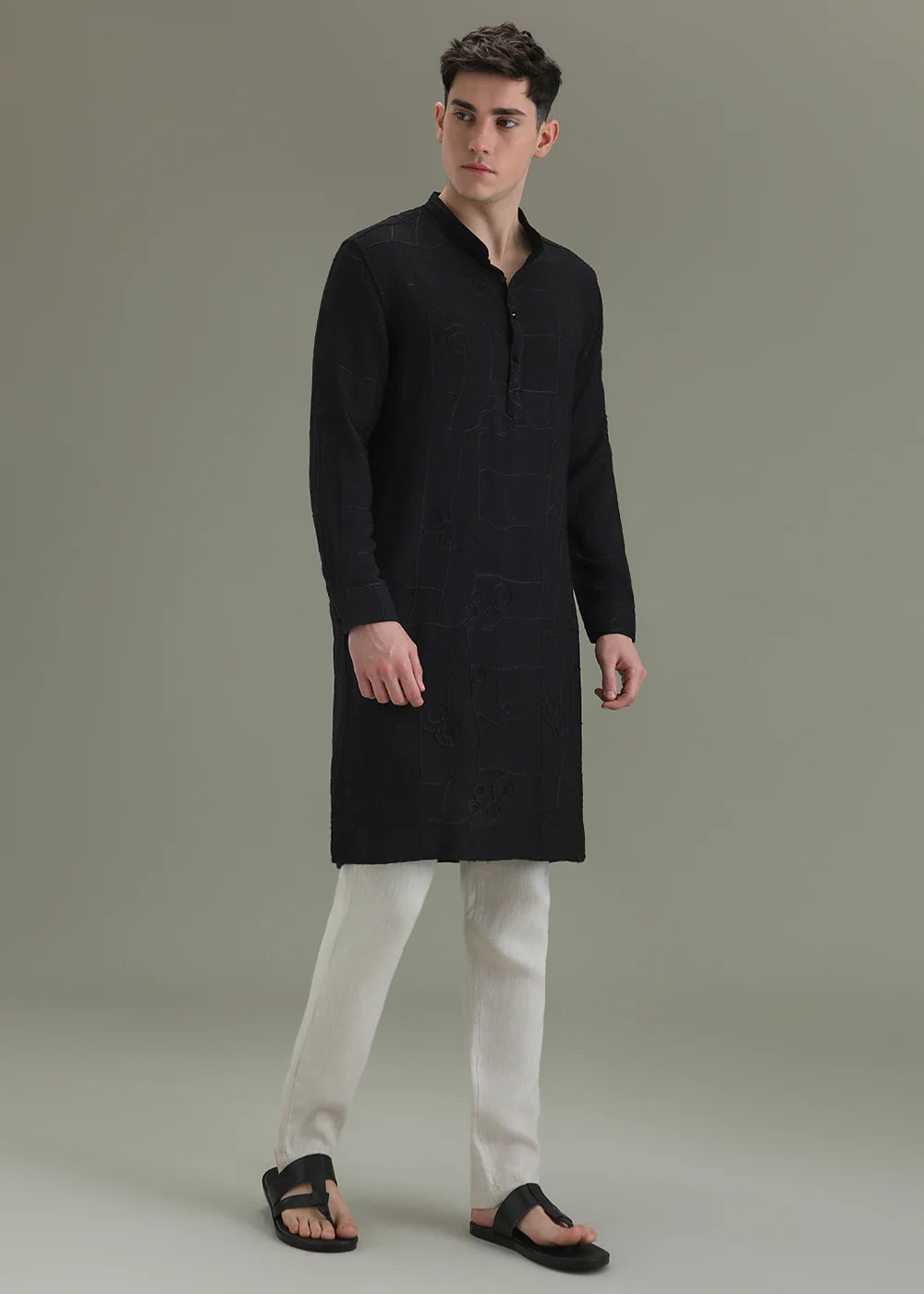 Raven Black Self Thread Embroidered Kurta - Image 5