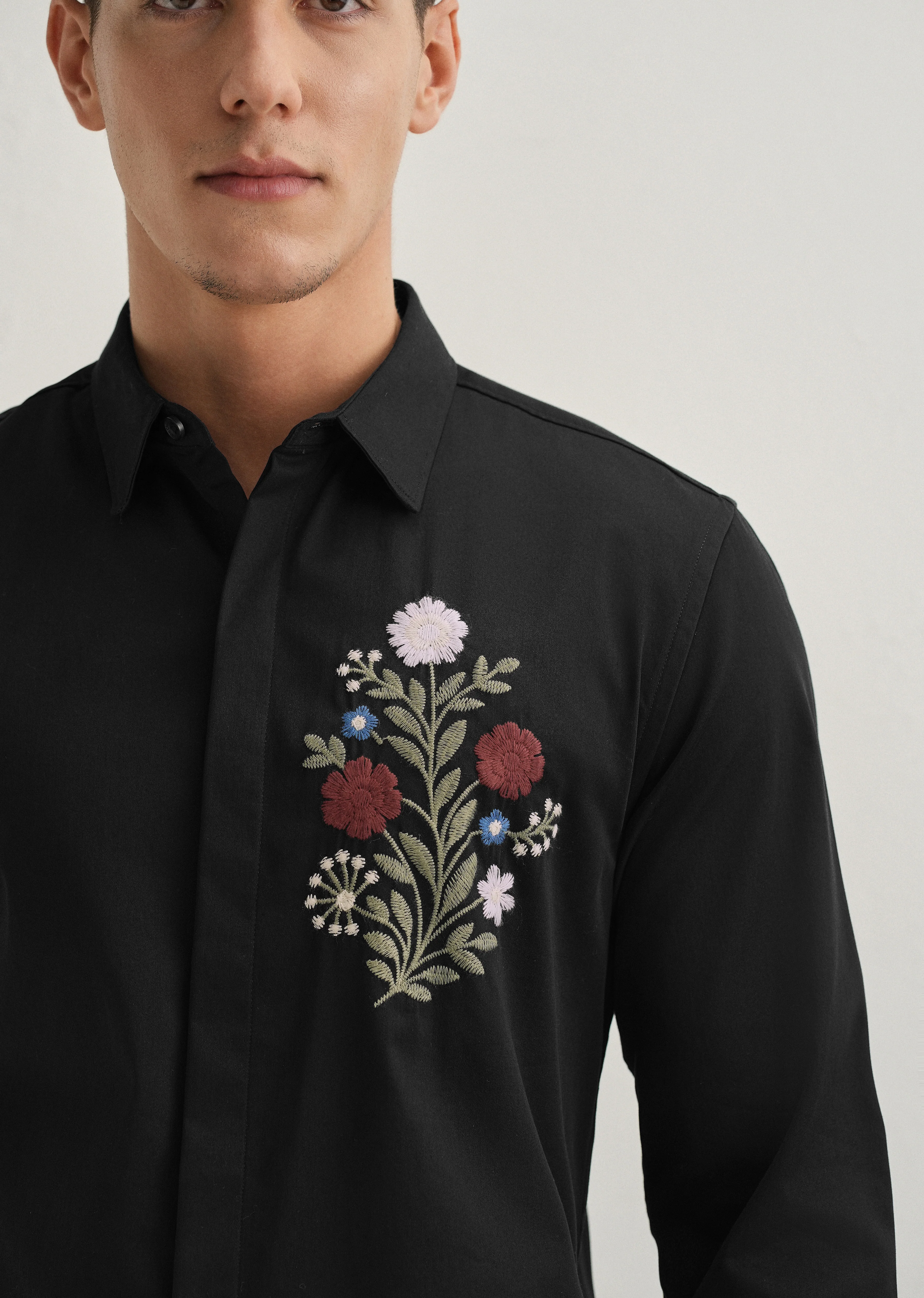 Red Floral Embroidery Black Designer Shirt - Image 2