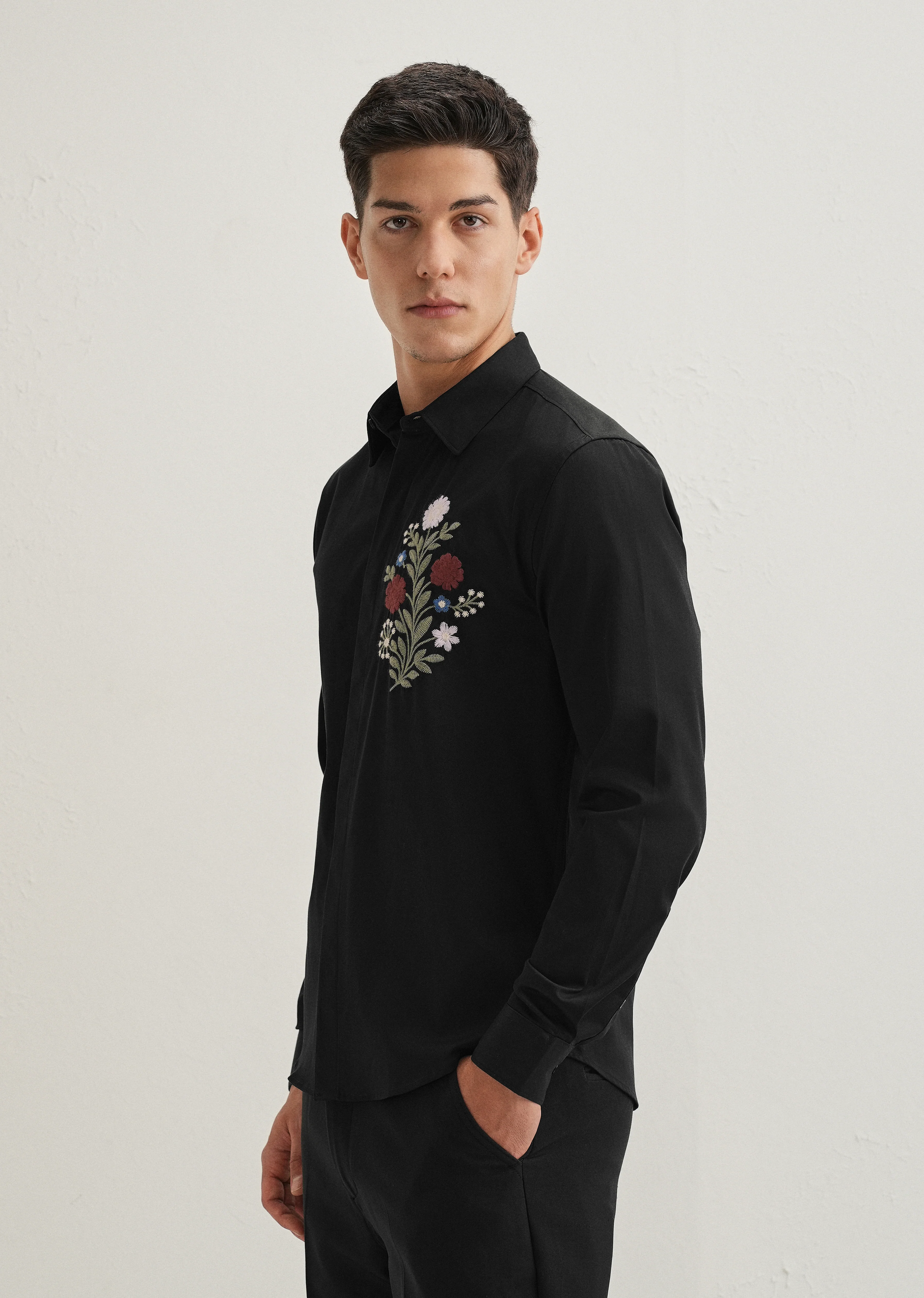 Red Floral Embroidery Black Designer Shirt - Image 5