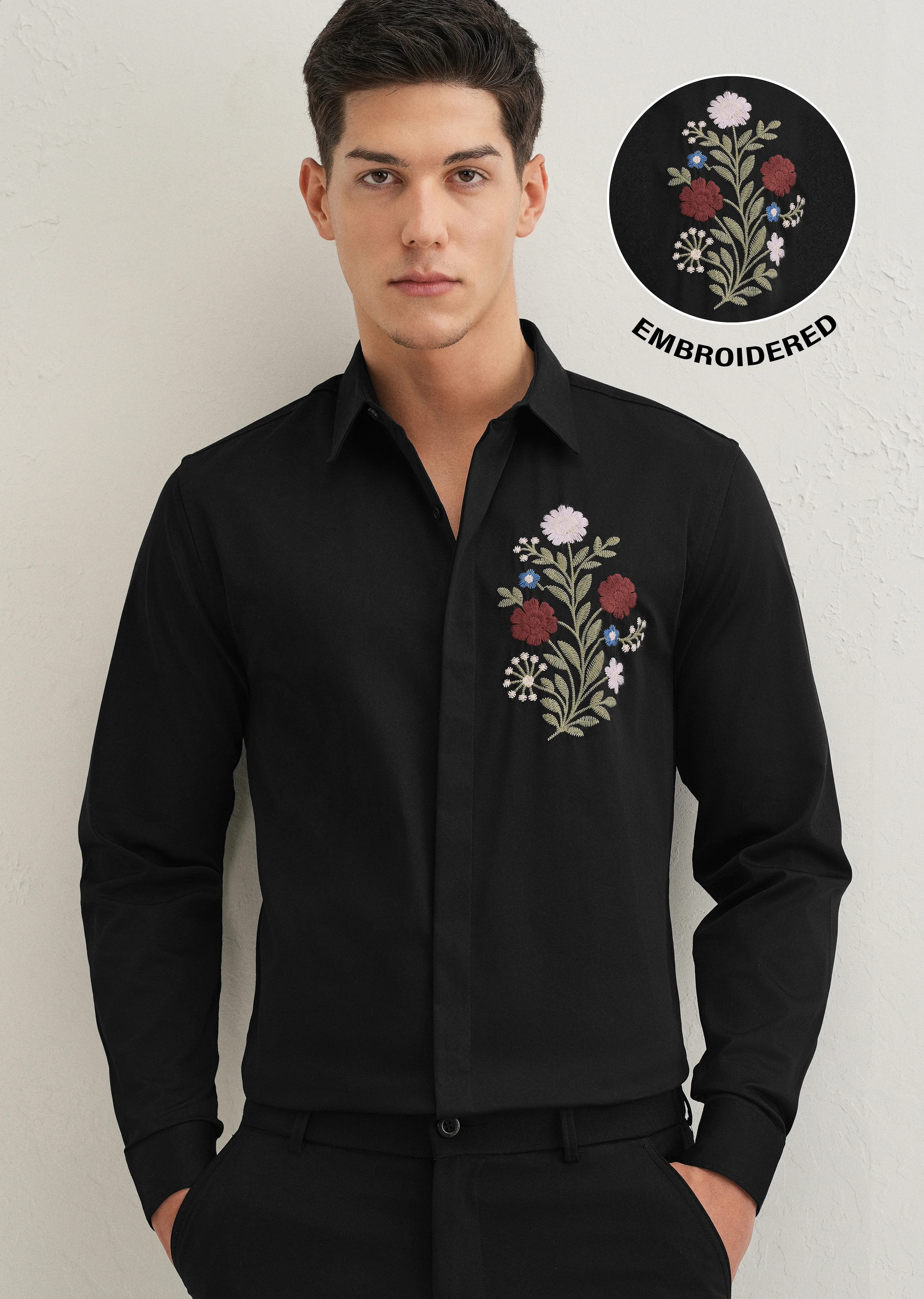 Red Floral Embroidery Black Designer Shirt - Image 7