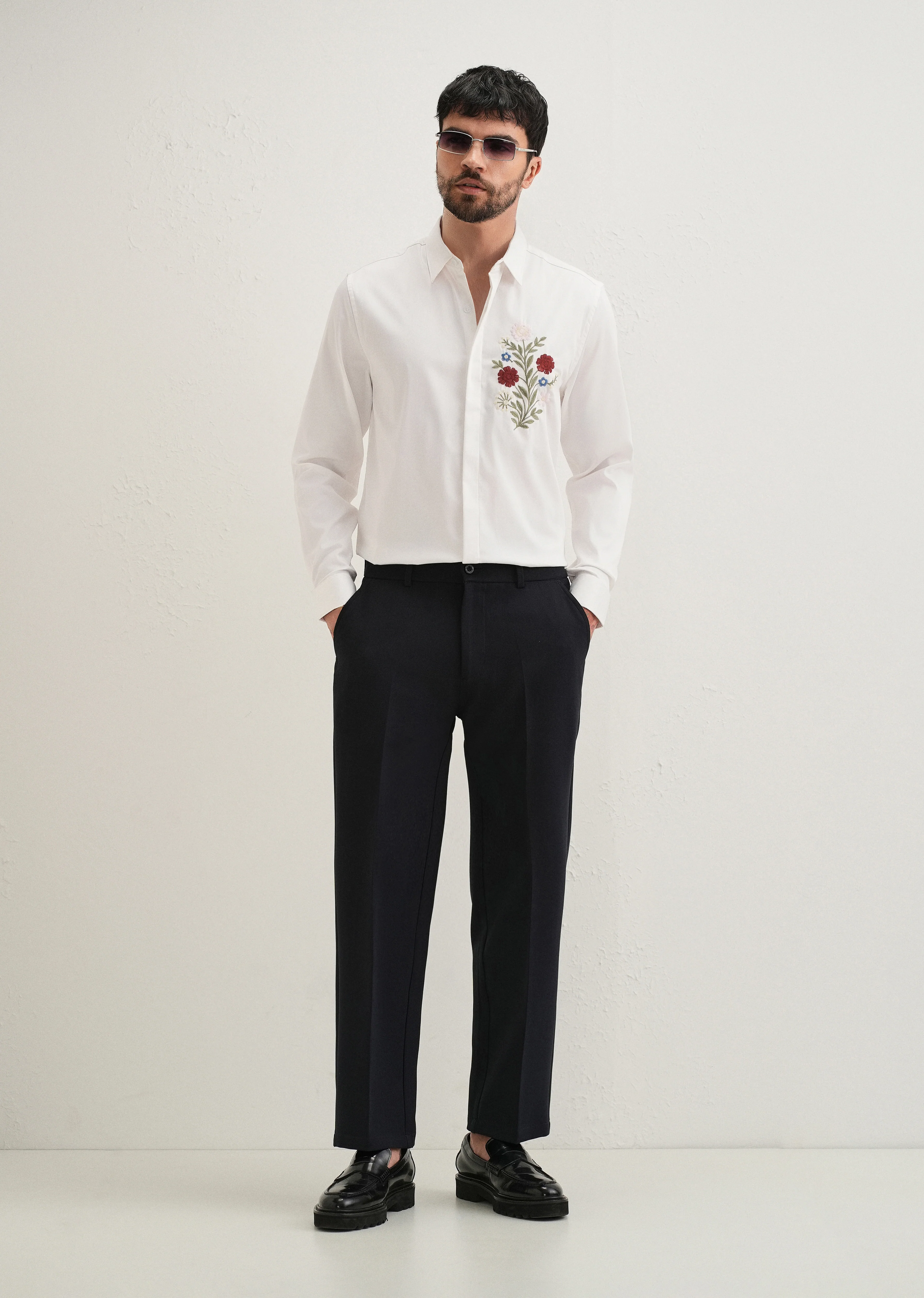Red Floral Embroidery White Designer Shirt - Image 6