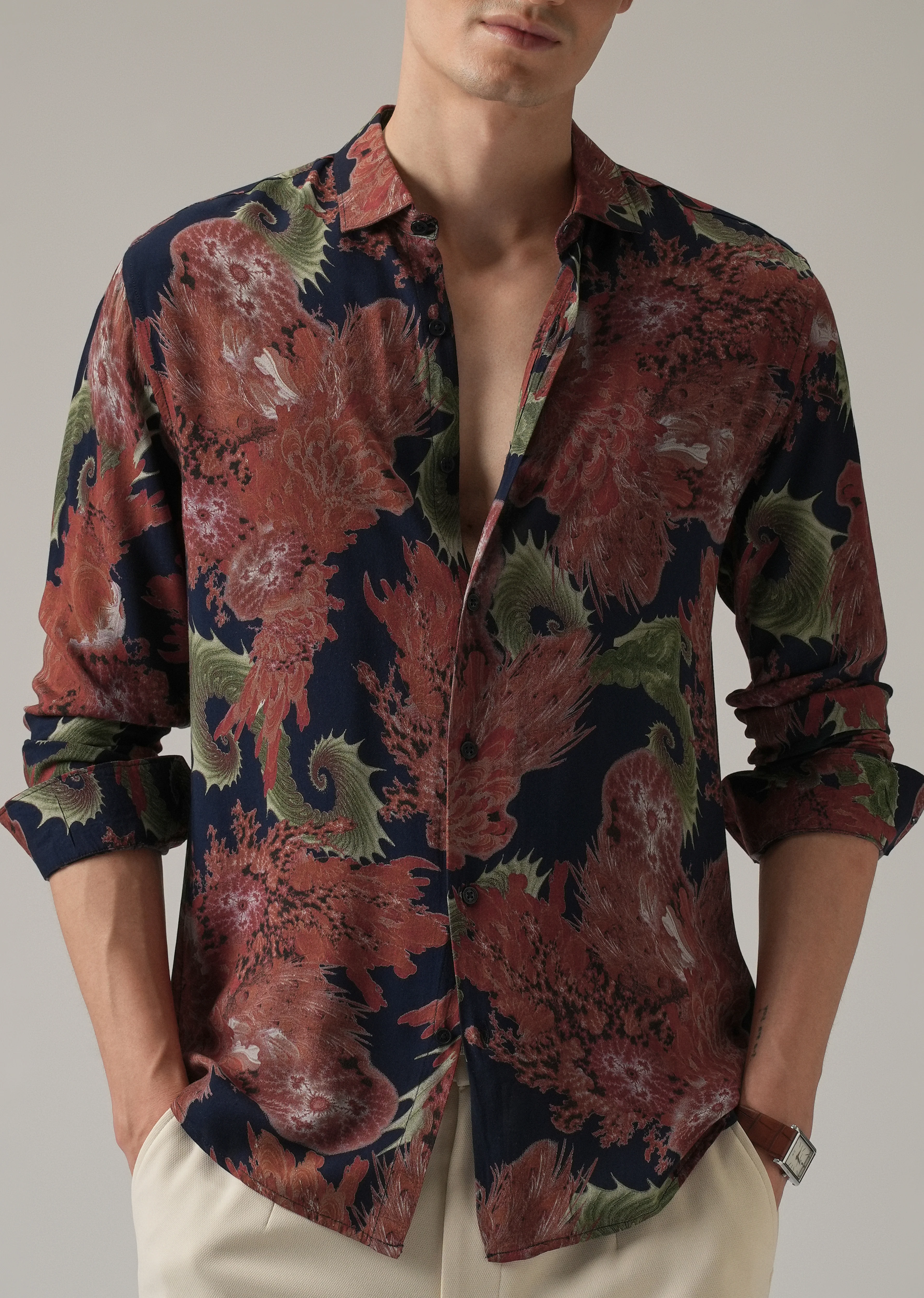 Red Prickly Flora Print Feather Shirt - Image 7