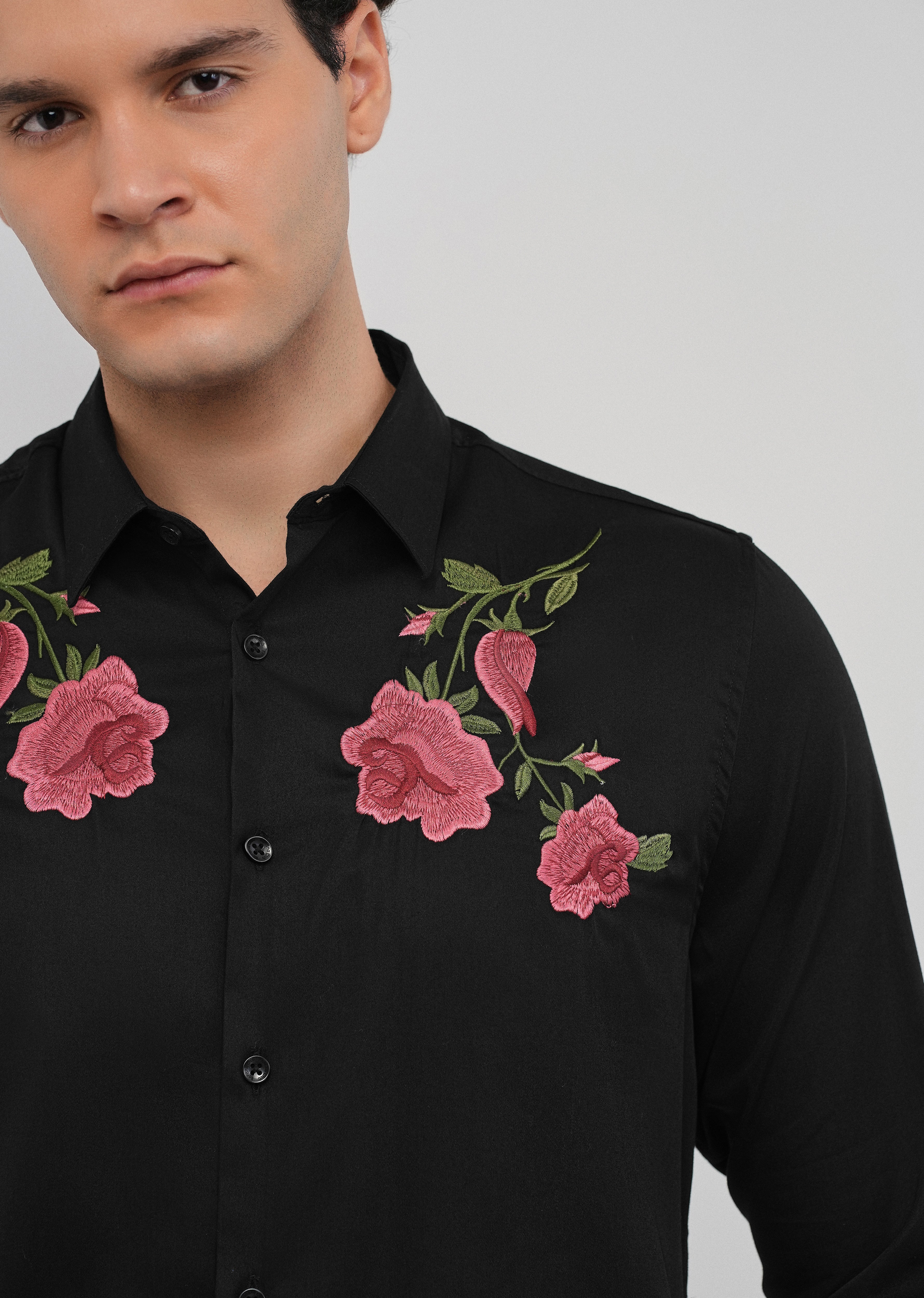 Rose Embroidered Black Designer Shirt - Image 2