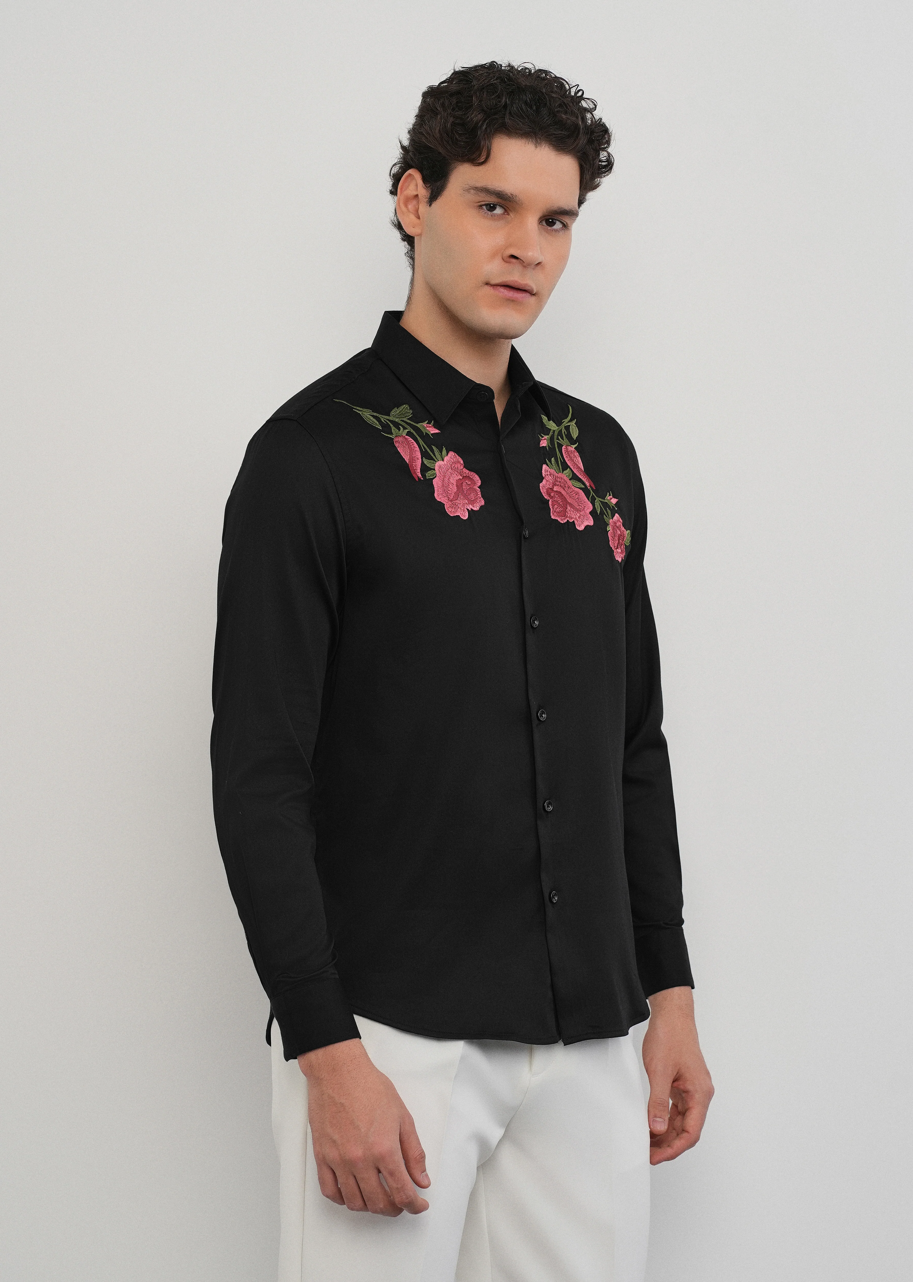 Rose Embroidered Black Designer Shirt - Image 5