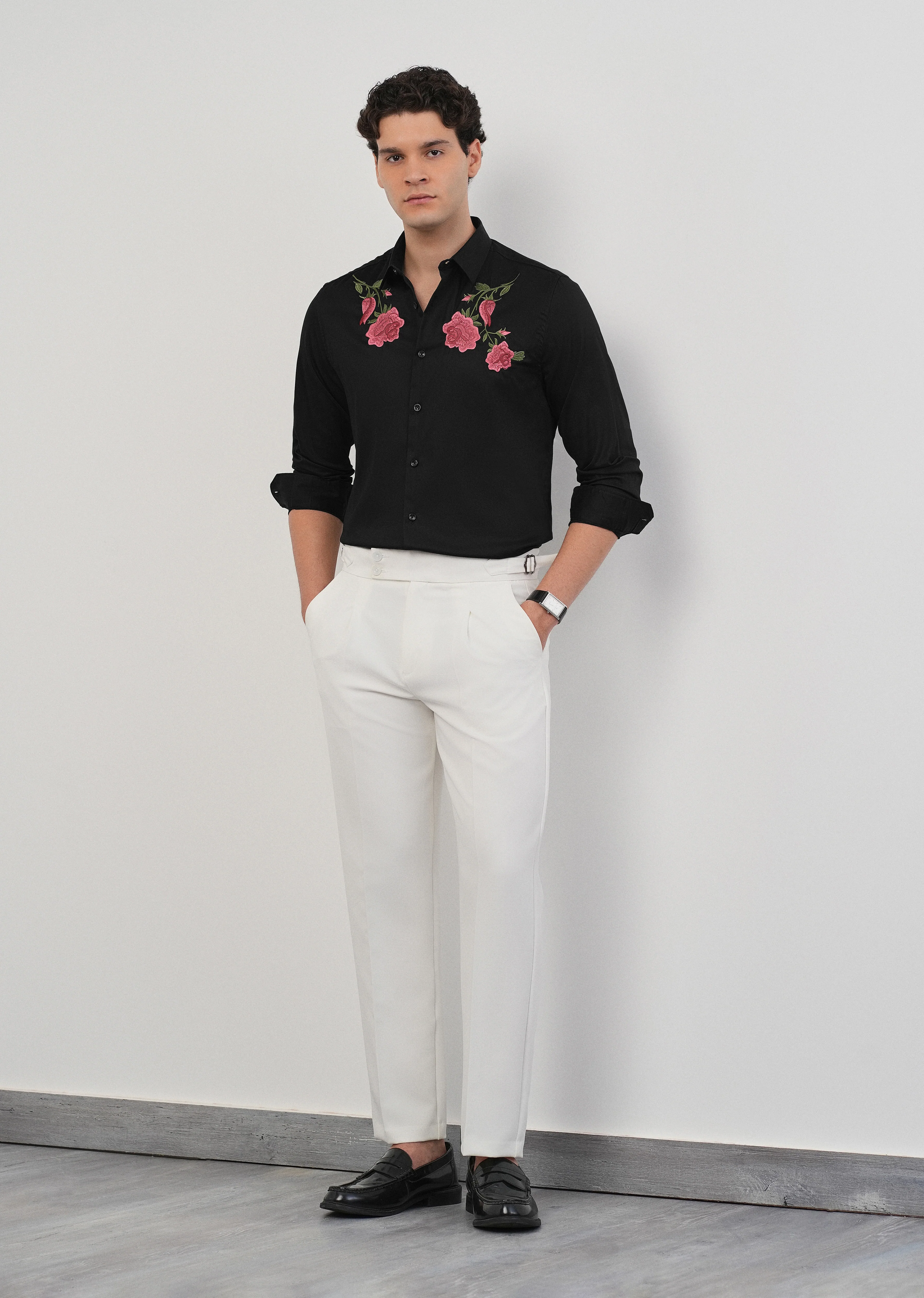 Rose Embroidered Black Designer Shirt - Image 6