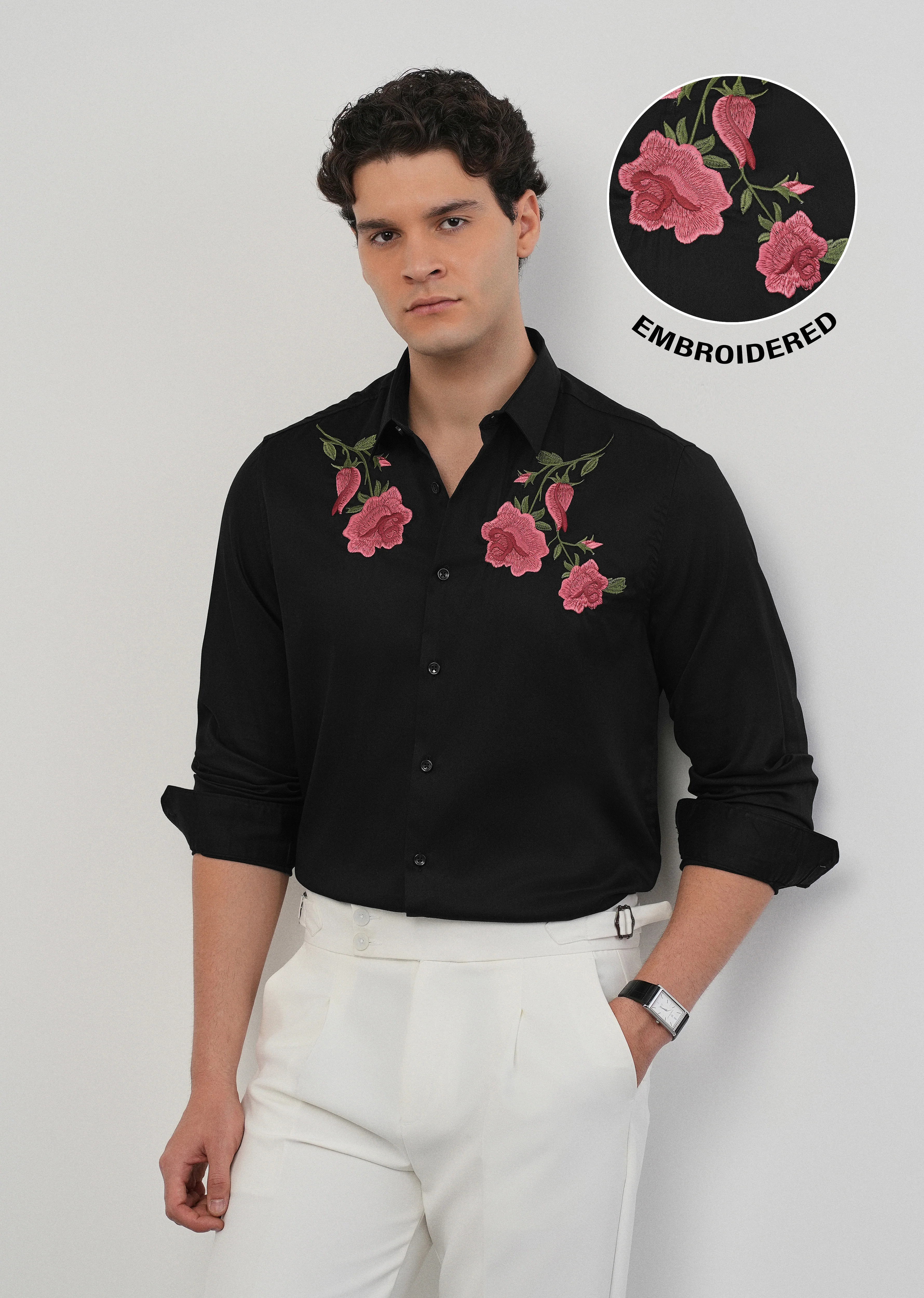 Rose Embroidered Black Designer Shirt - Image 7