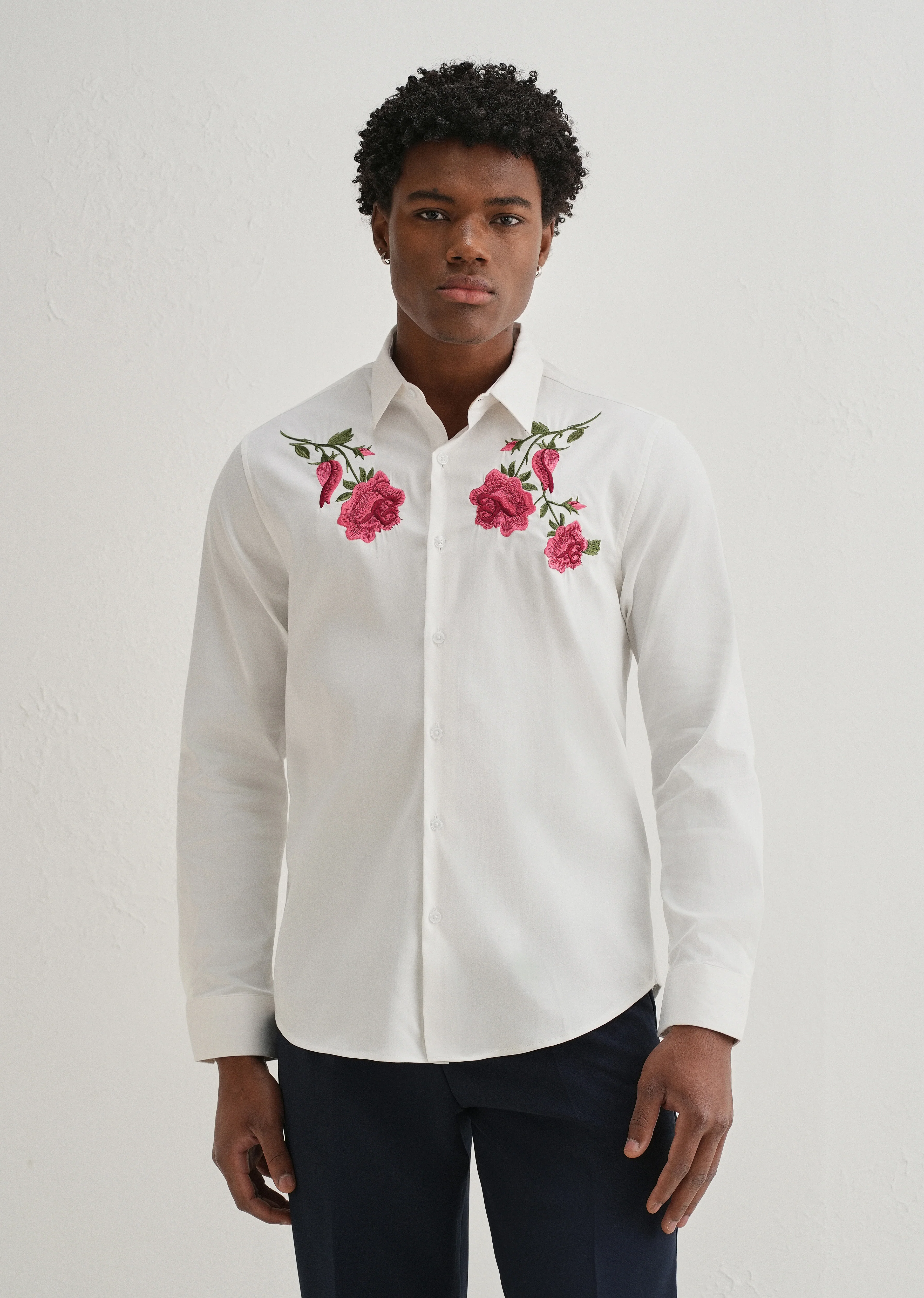Rose Embroidered White Designer Shirt - Image 3