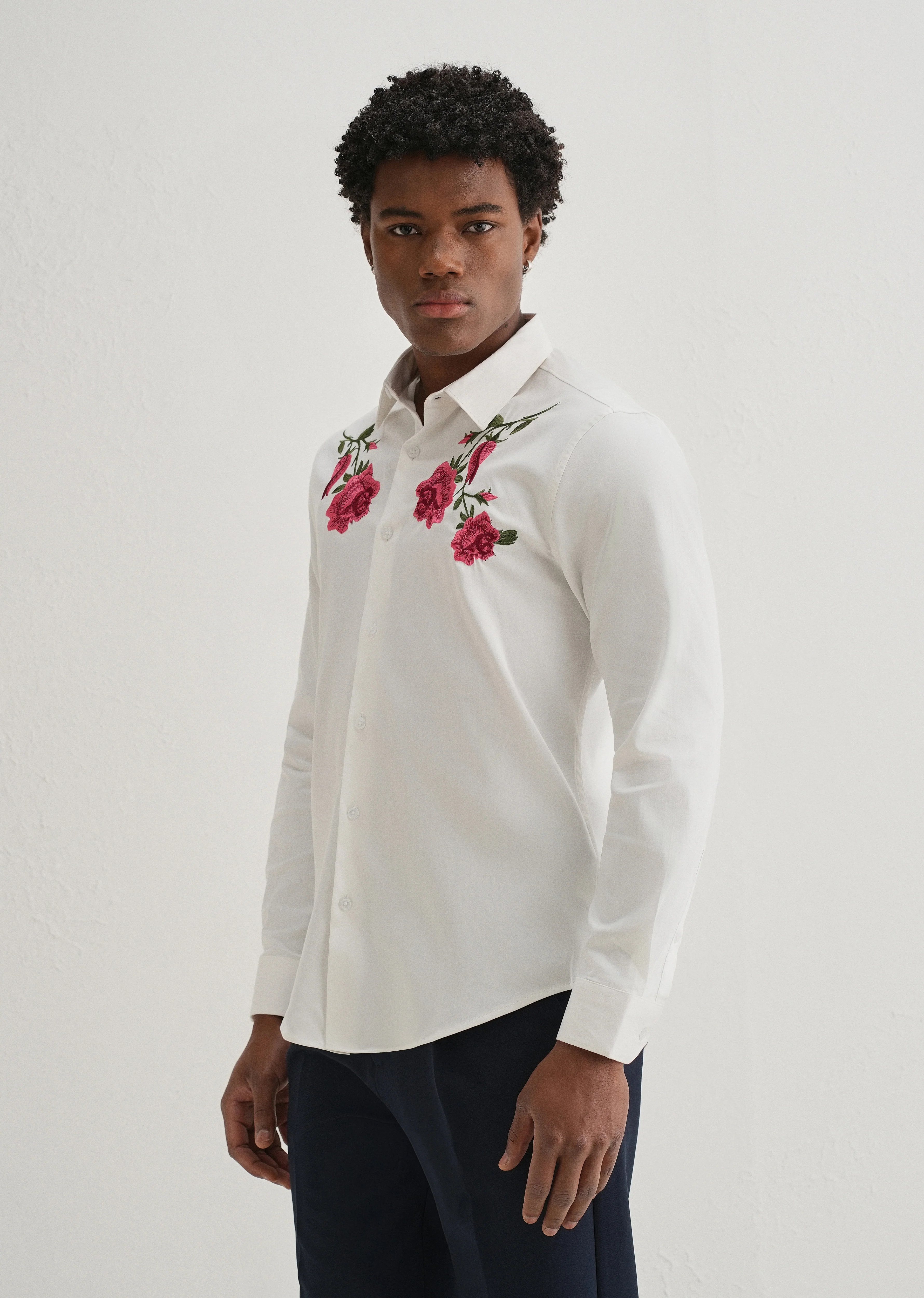 Rose Embroidered White Designer Shirt - Image 4