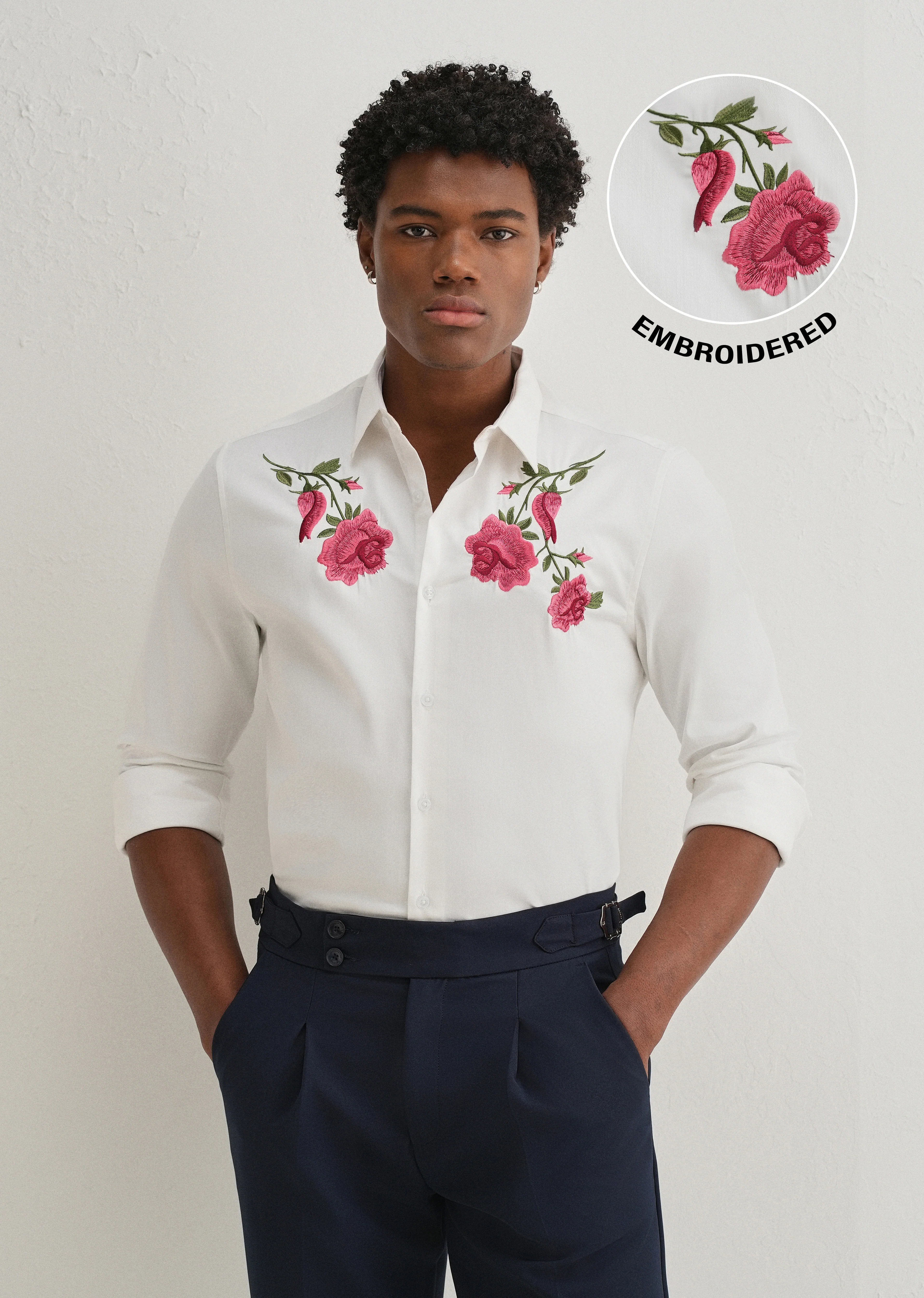 Rose Embroidered White Designer Shirt - Image 7