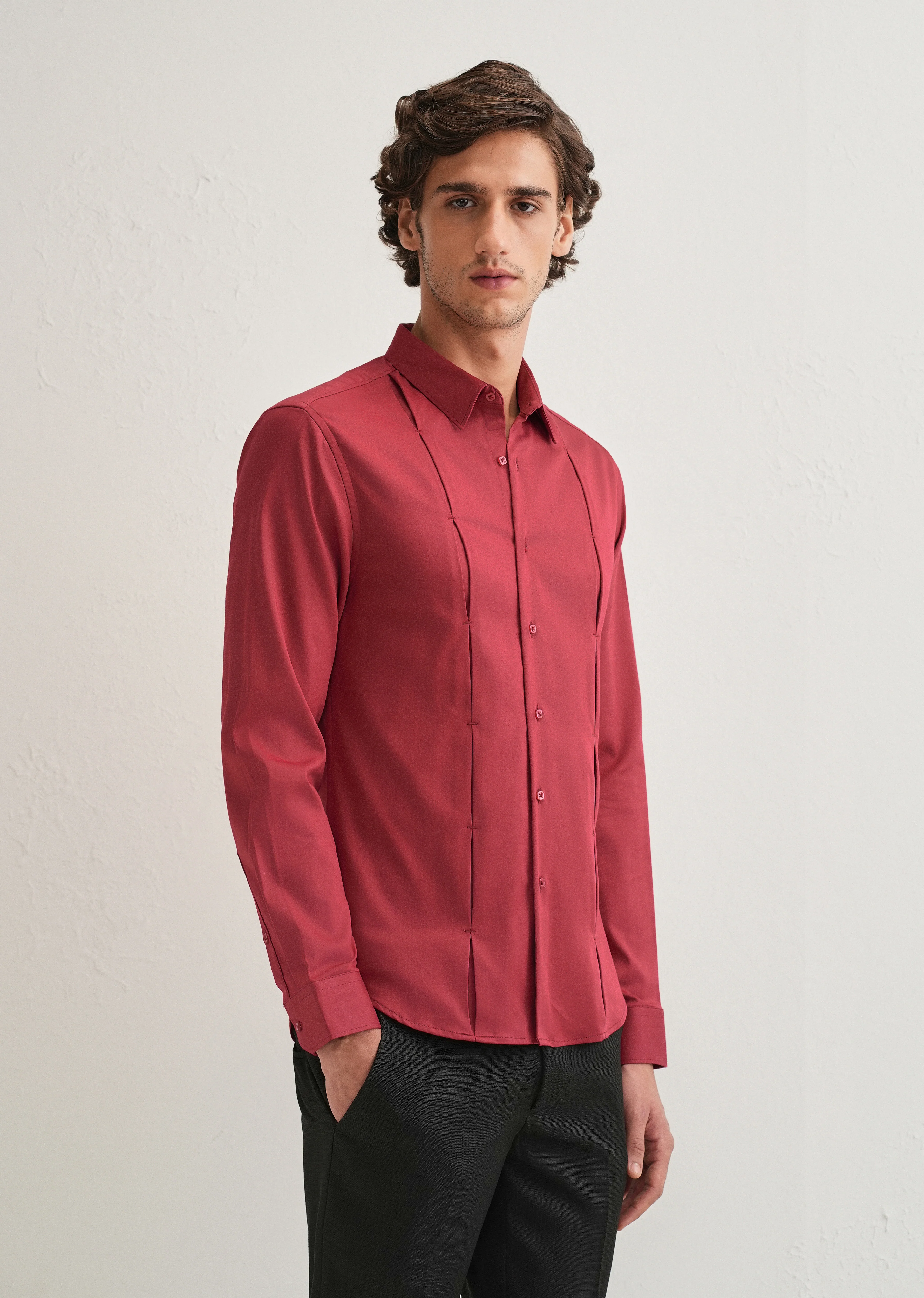 Ruby Red Front Panel Open Pleat Shirt - Image 4