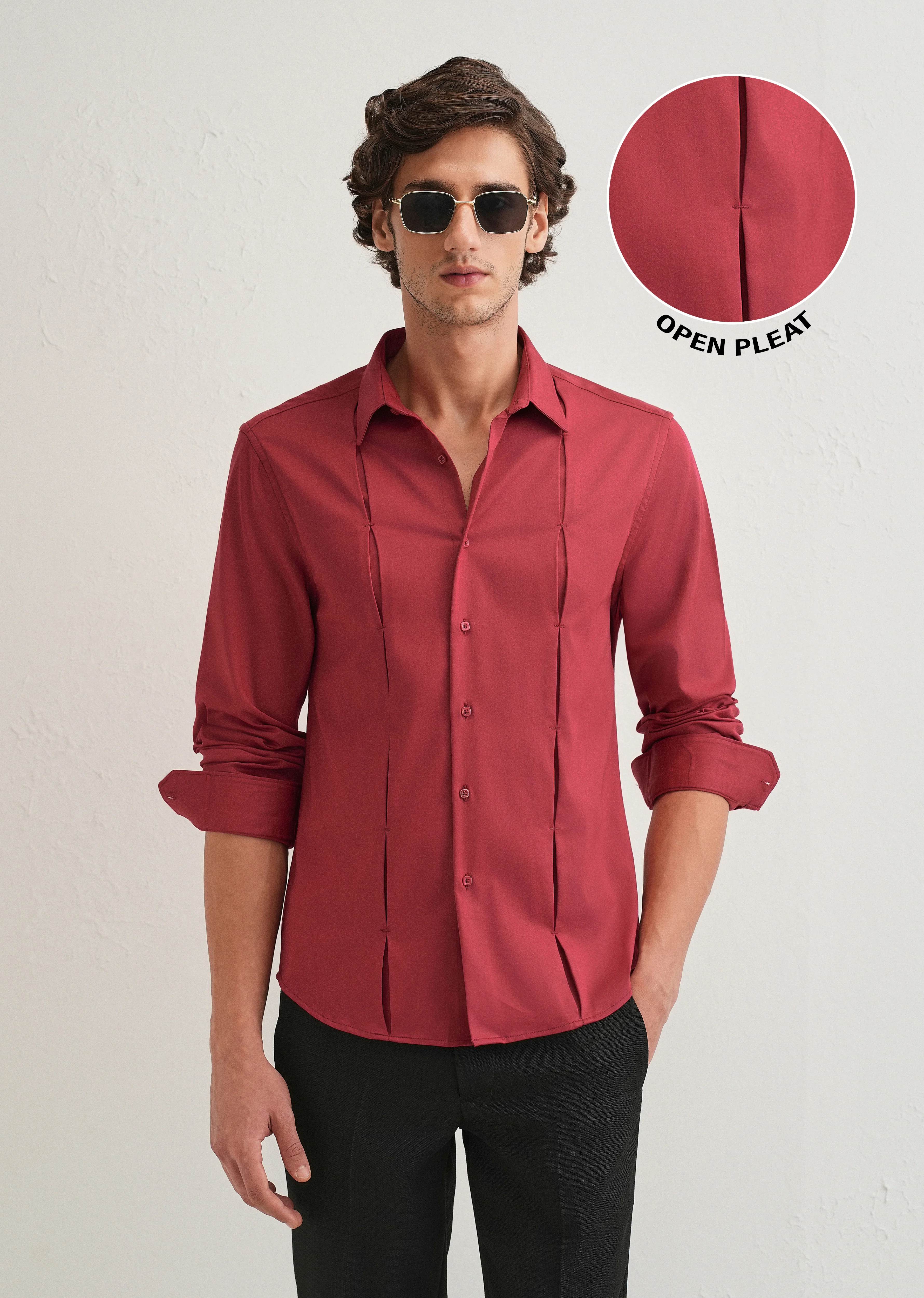 Ruby Red Front Panel Open Pleat Shirt - Image 7
