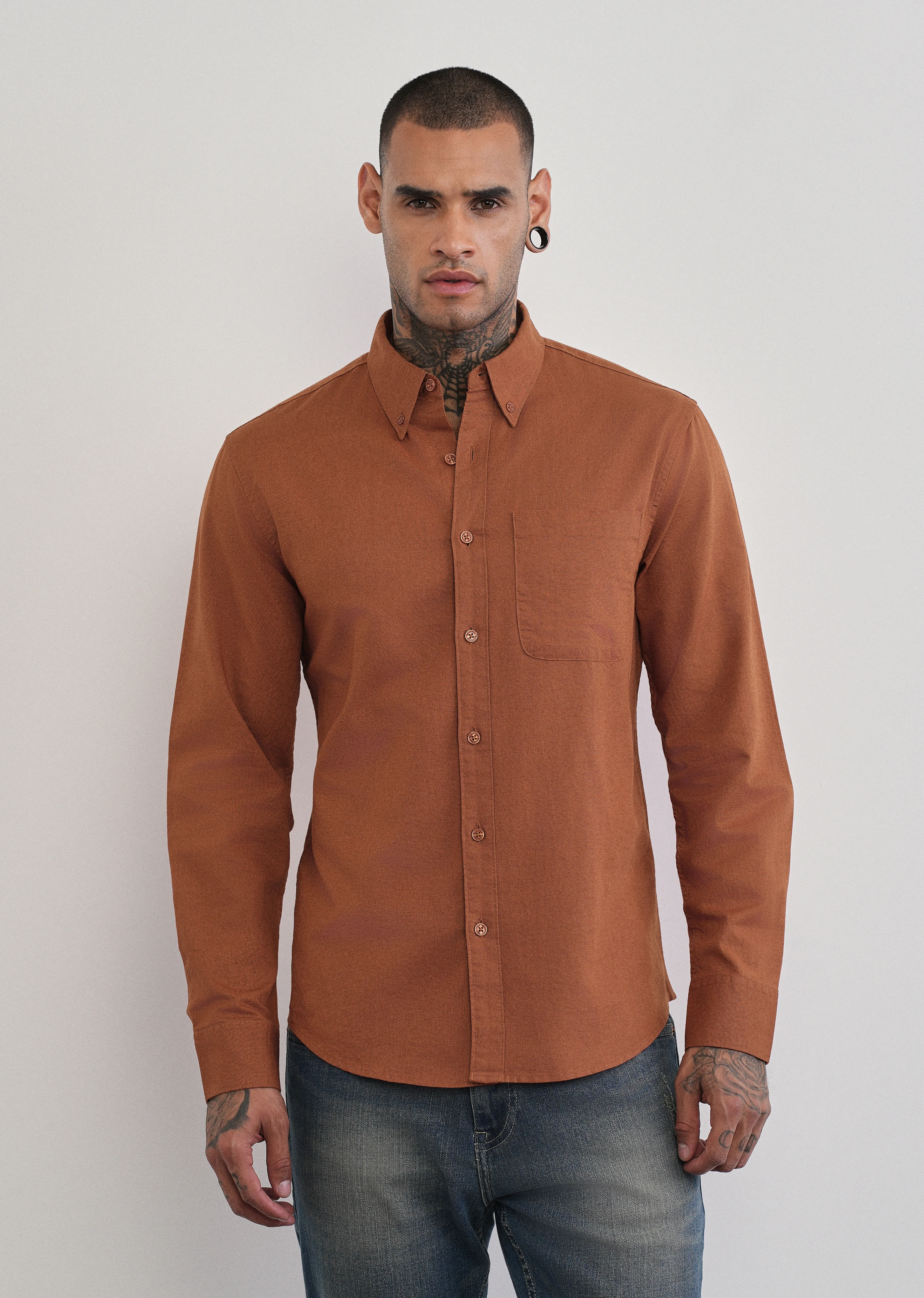 Rust Brown Cotton Linen Plain Shirt - Image 3