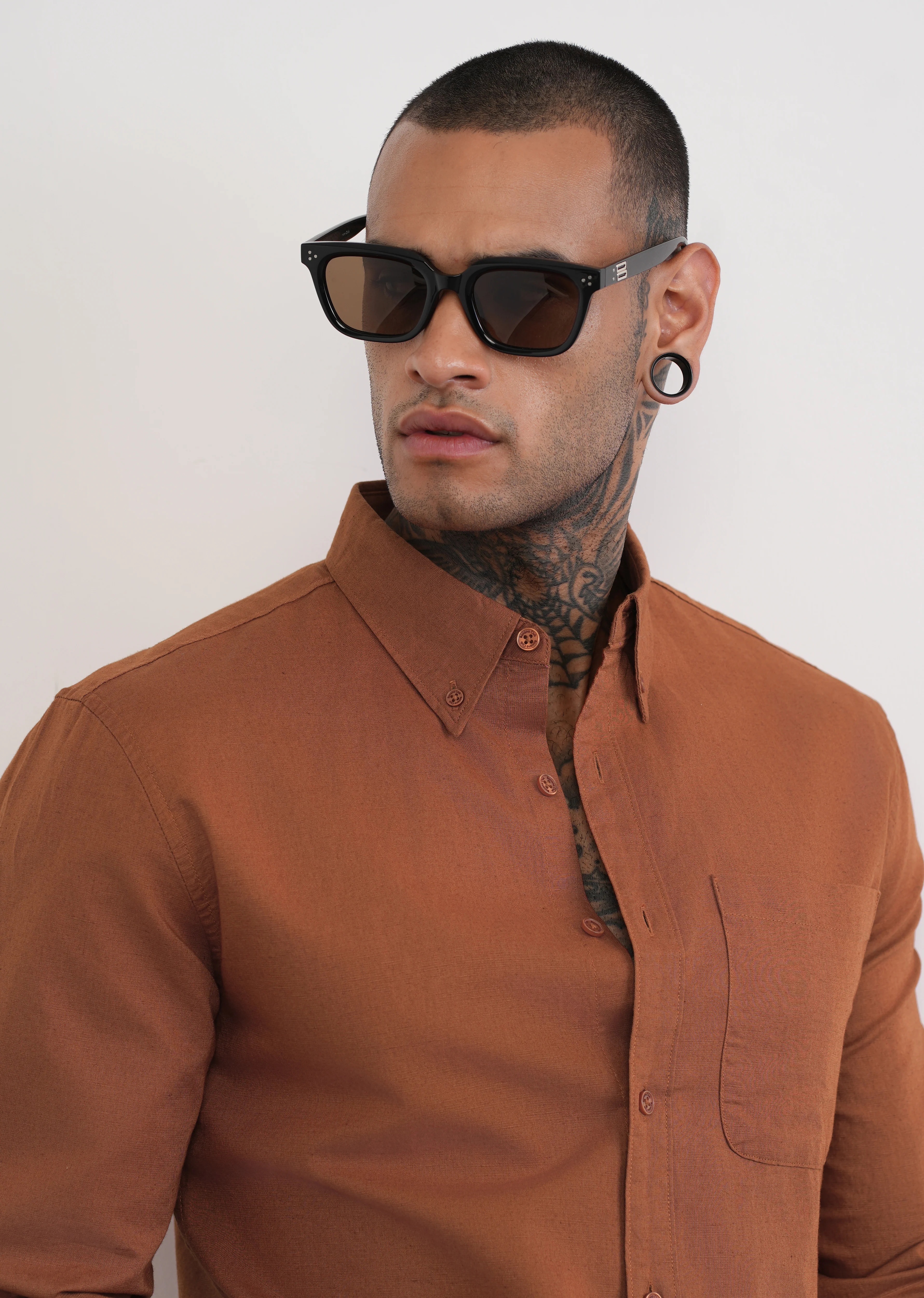 Rust Brown Cotton Linen Plain Shirt - Image 5