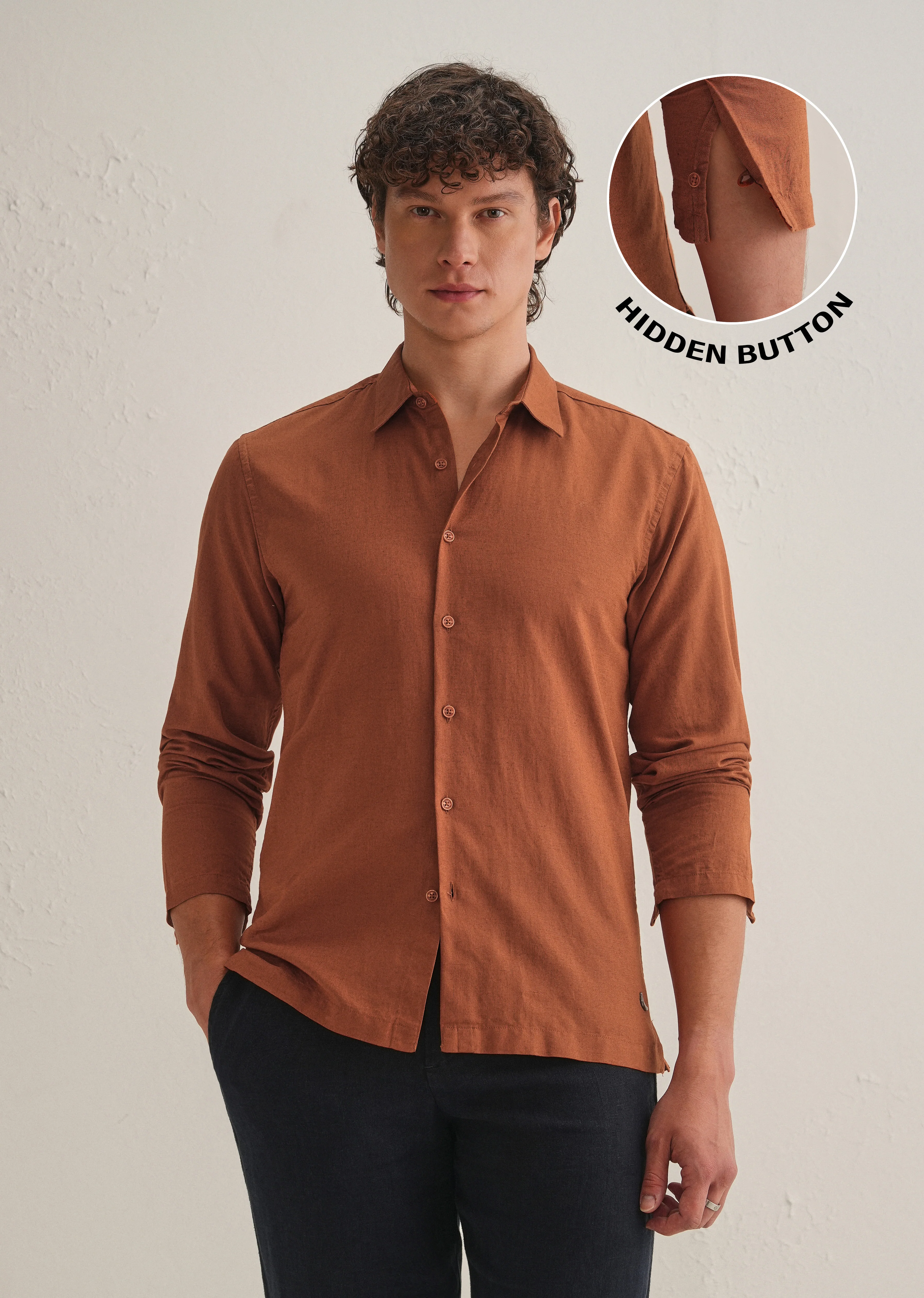 Rust Brown Hidden Sleeve Placket Cotton Linen Shirt - Image 2