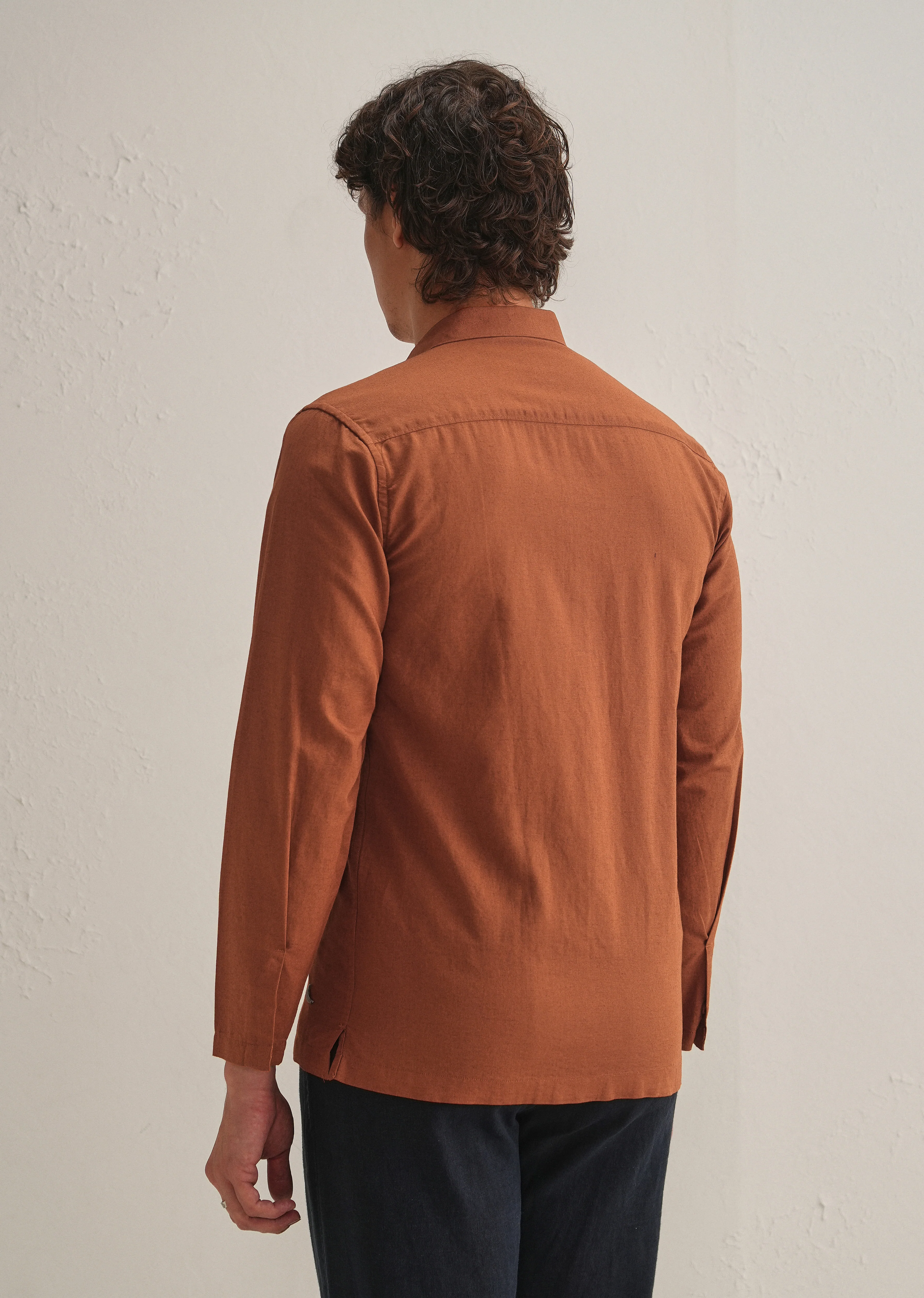 Rust Brown Hidden Sleeve Placket Cotton Linen Shirt - Image 5