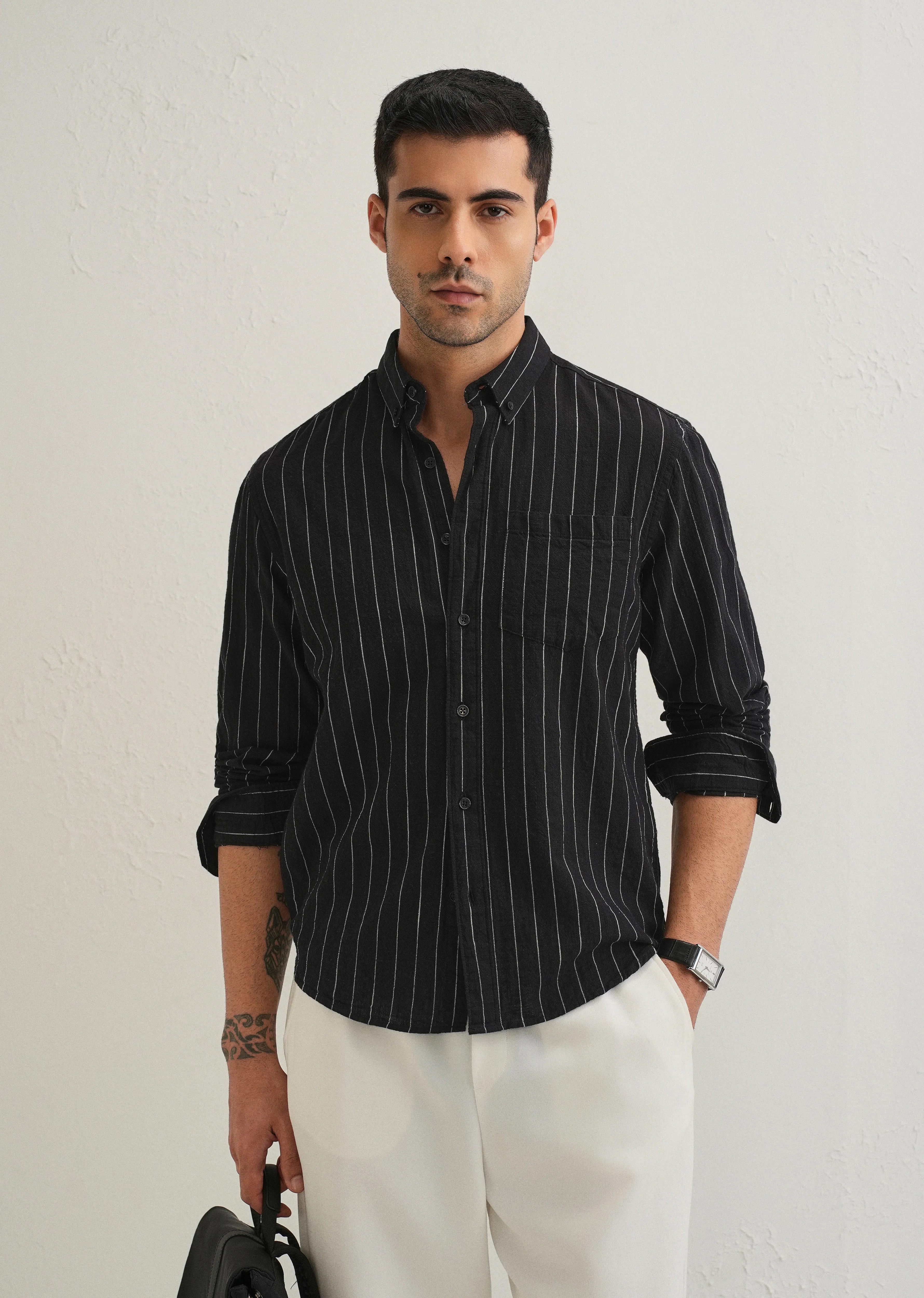 Sable Black Striped Cotton Linen Shirt - Image 7