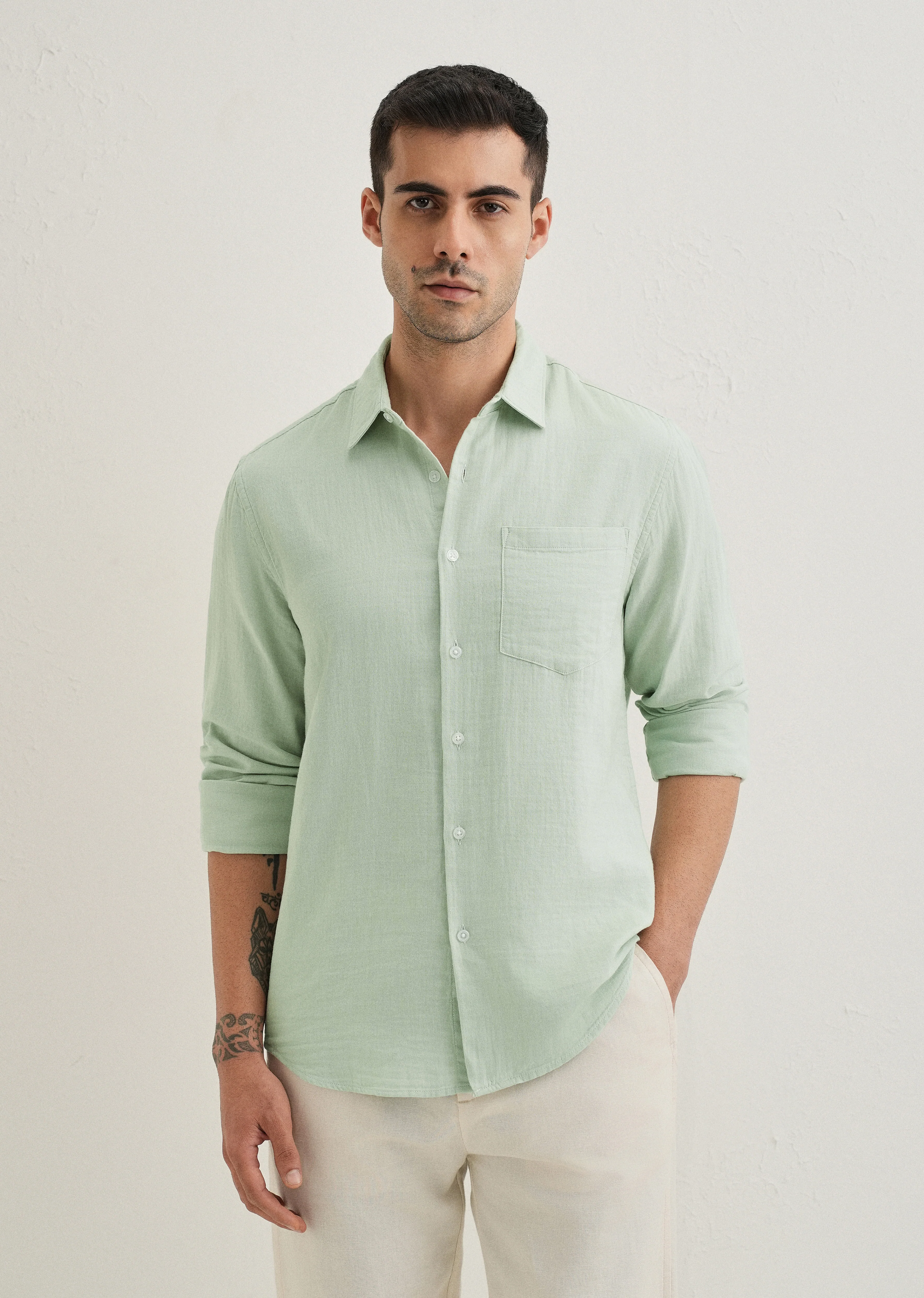 Sage Green Double Cloth Cotton Shirt - Image 2
