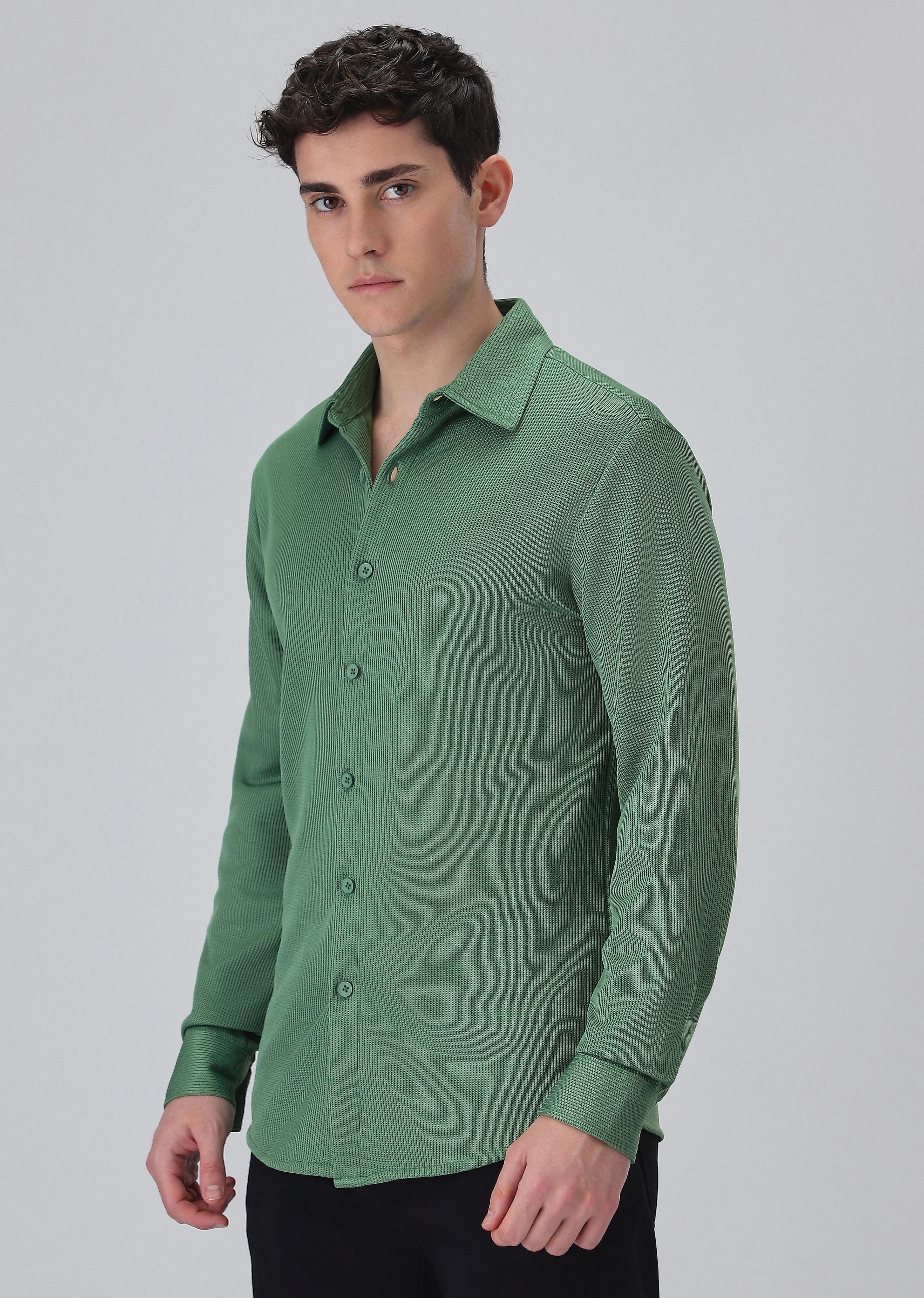 Sage Green Plain Knitted Shirt - Image 4