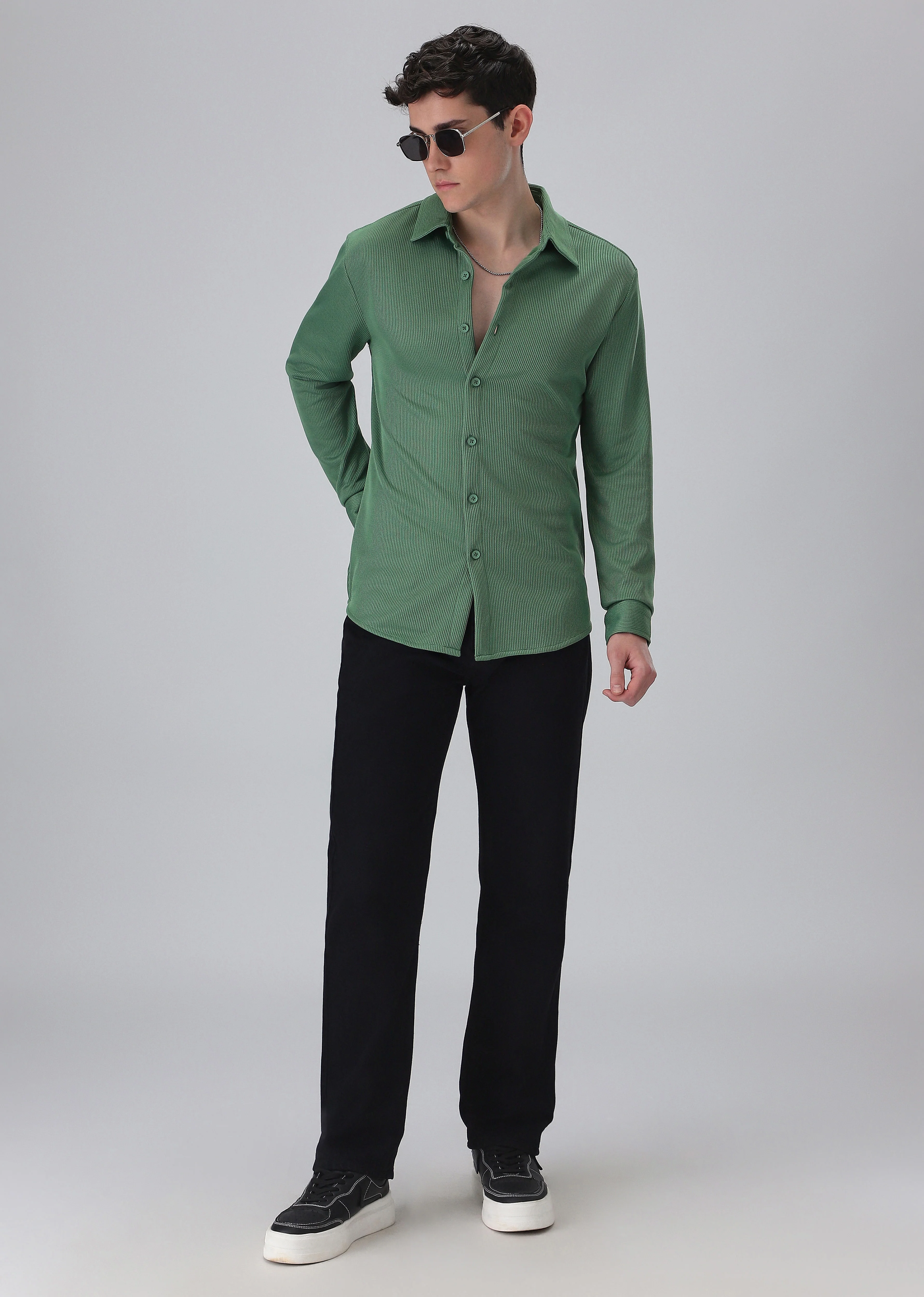 Sage Green Plain Knitted Shirt - Image 6