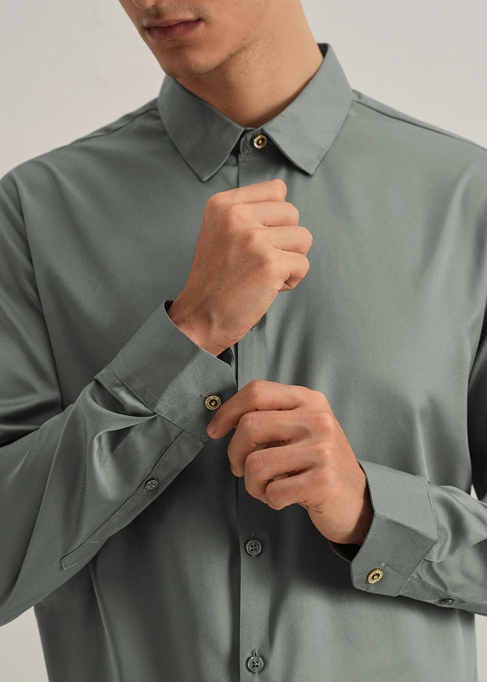 Sage Green Plain Stitchless Placket Shirt - Image 2