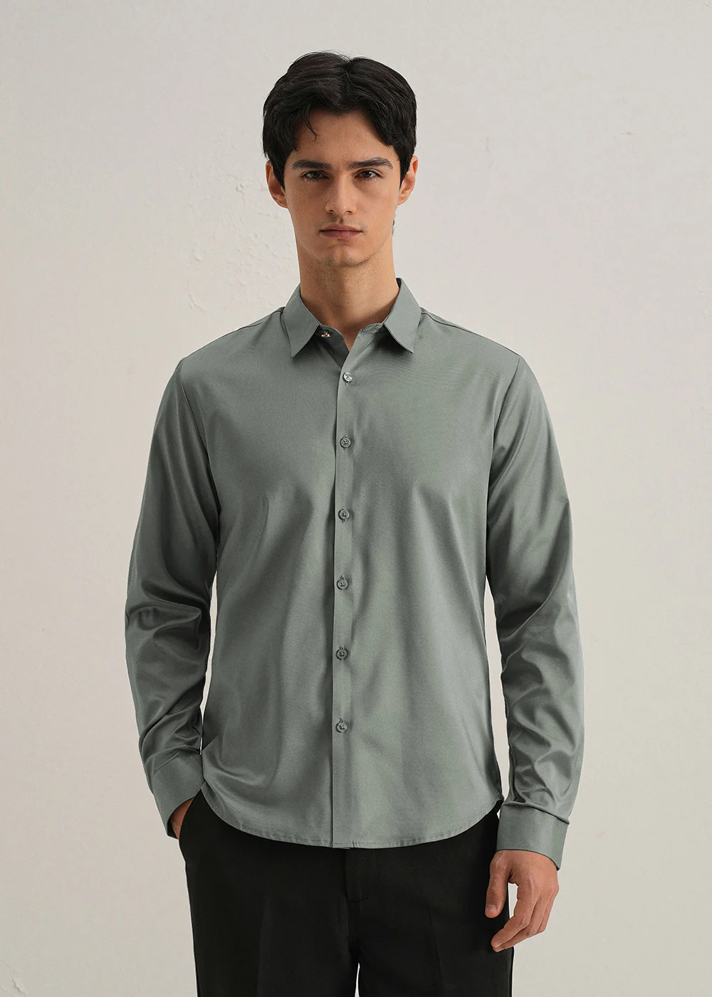 Sage Green Plain Stitchless Placket Shirt - Image 3