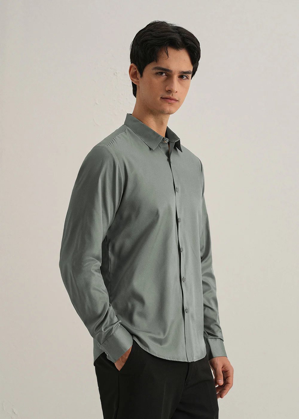 Sage Green Plain Stitchless Placket Shirt - Image 5