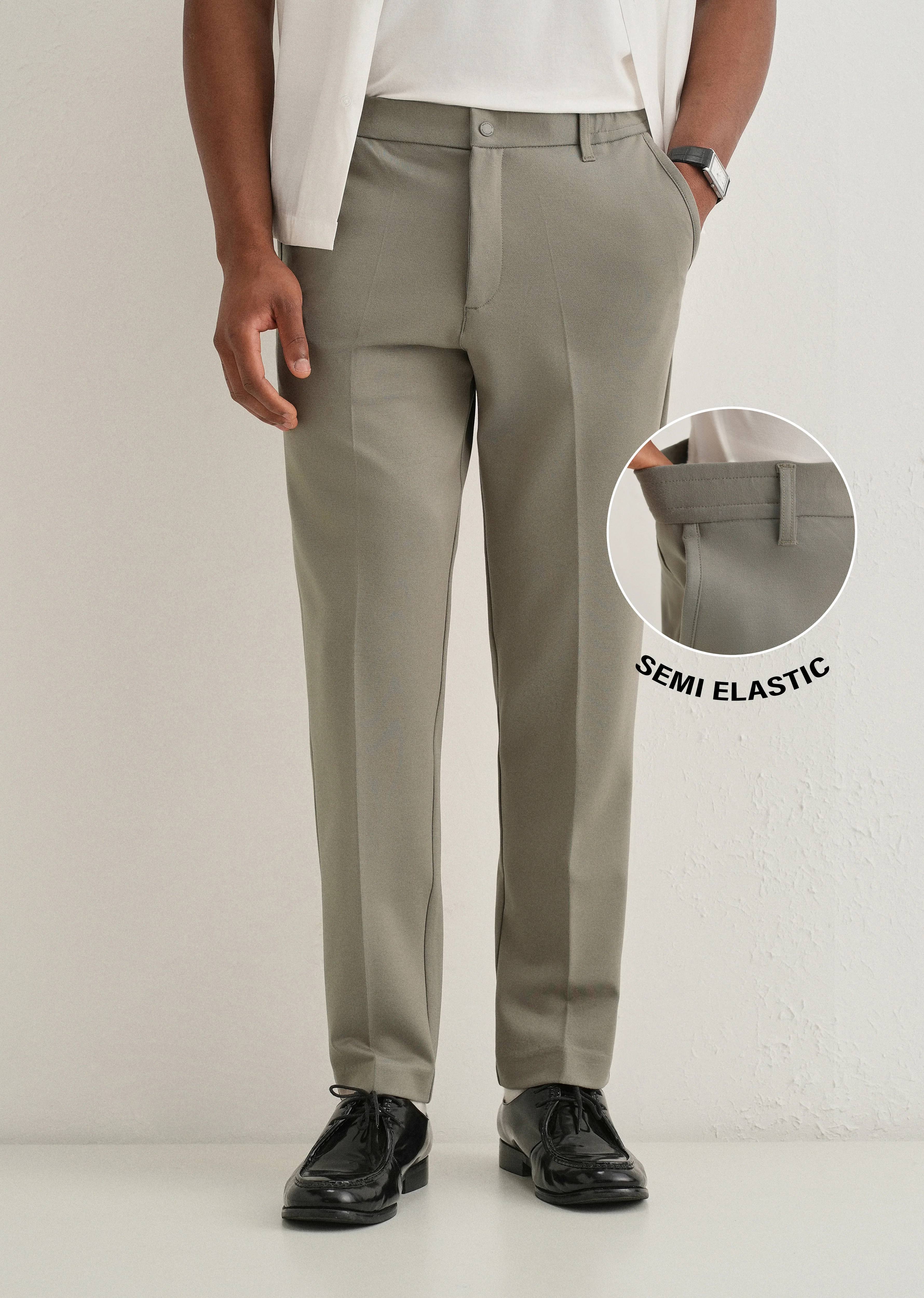 Sage Green Semi Elasticated Slim Fit Trouser - Image 7
