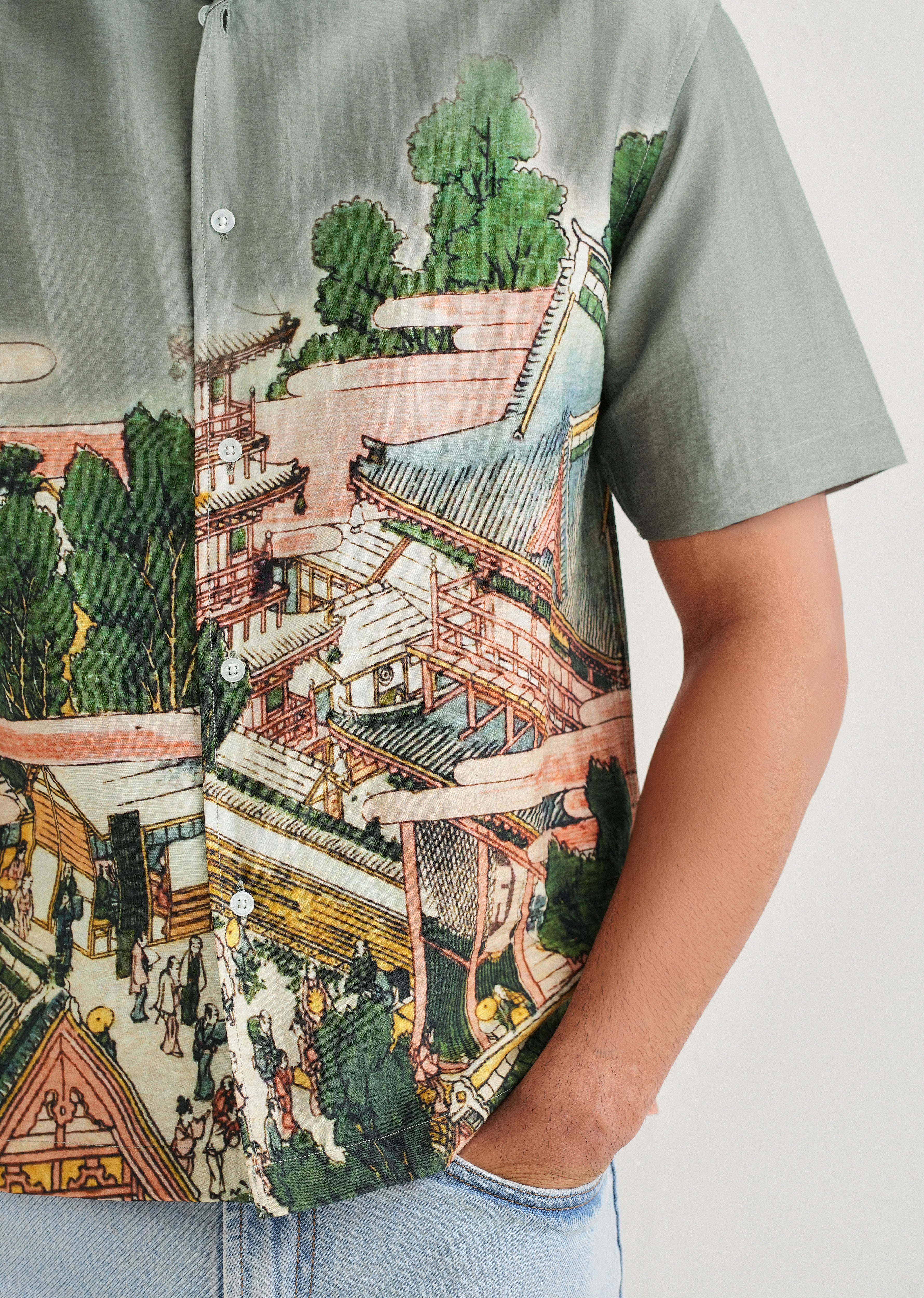 Sage Grey Scenic Placement Print Shirt - Image 5