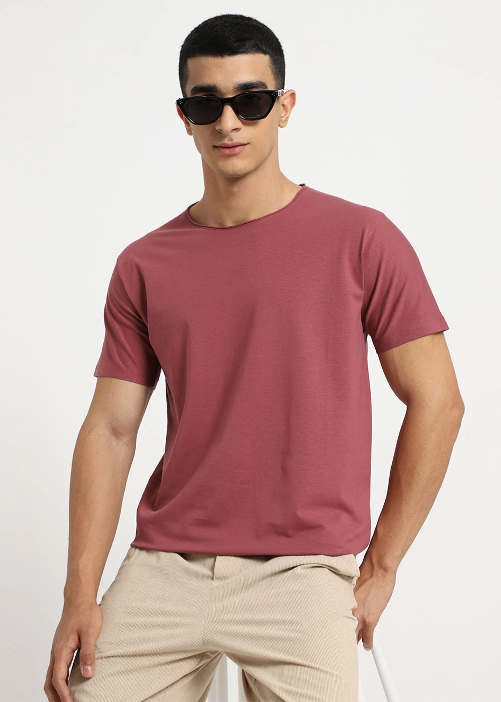 Salmon Pink Plain Round Neck T-shirt - Image 2