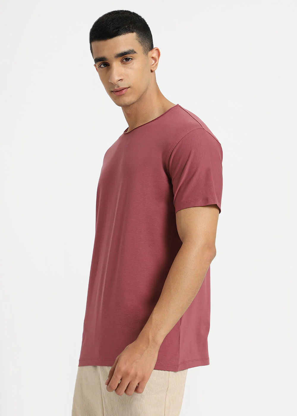 Salmon Pink Plain Round Neck T-shirt - Image 5
