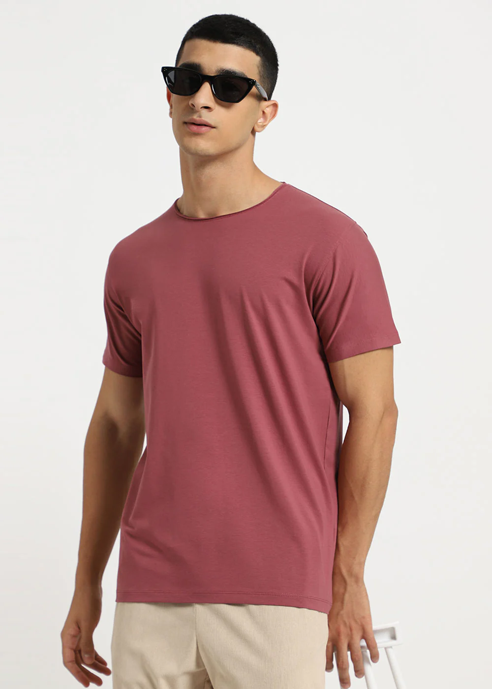 Salmon Pink Plain Round Neck T-shirt - Image 7
