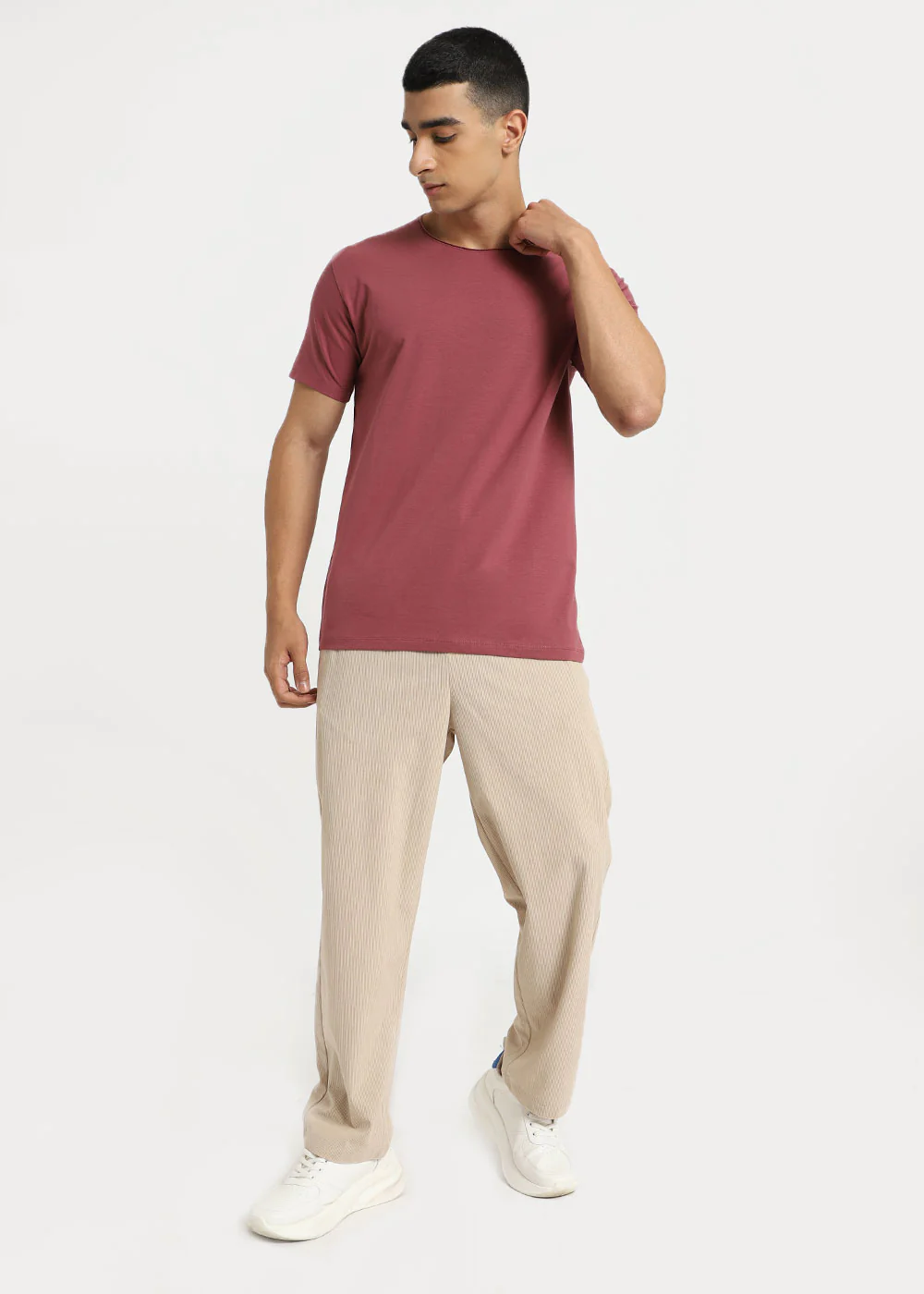 Salmon Pink Plain Round Neck T-shirt - Image 8