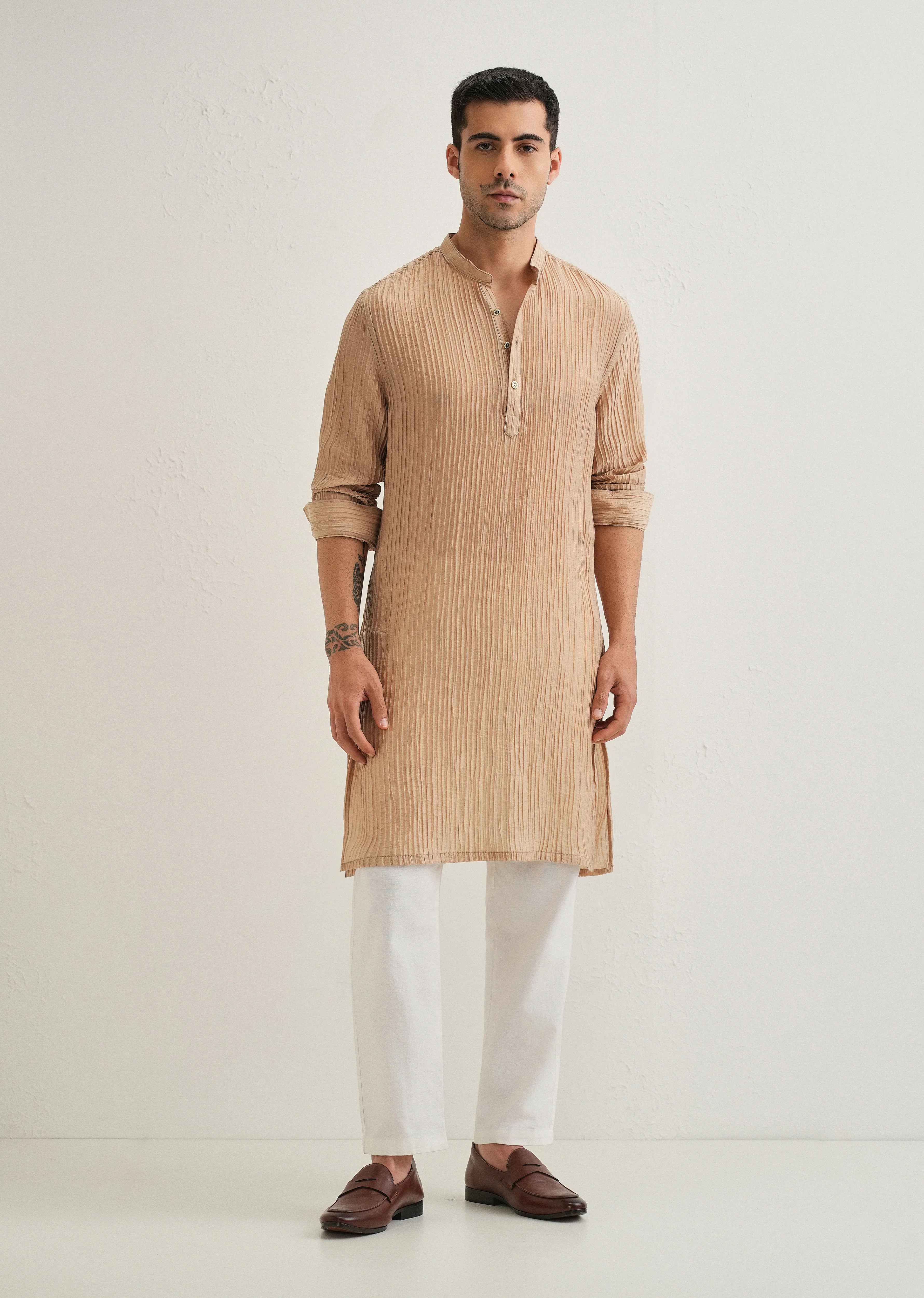 Sand Brown Crinkled Stripe Kurta - Image 5