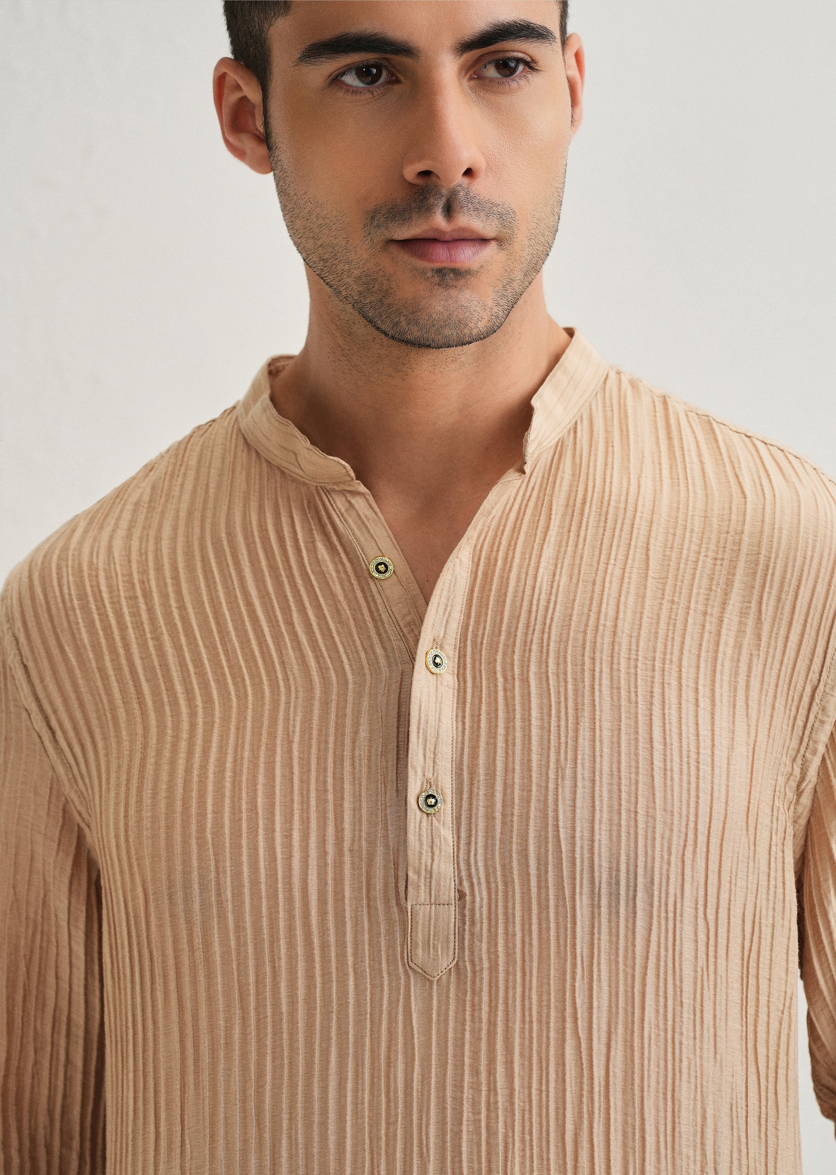 Sand Brown Crinkled Stripe Kurta - Image 6