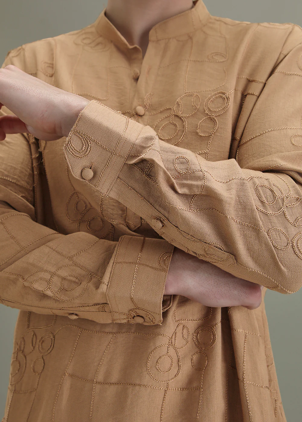 Sand Brown Self Thread Embroidered Kurta - Image 2