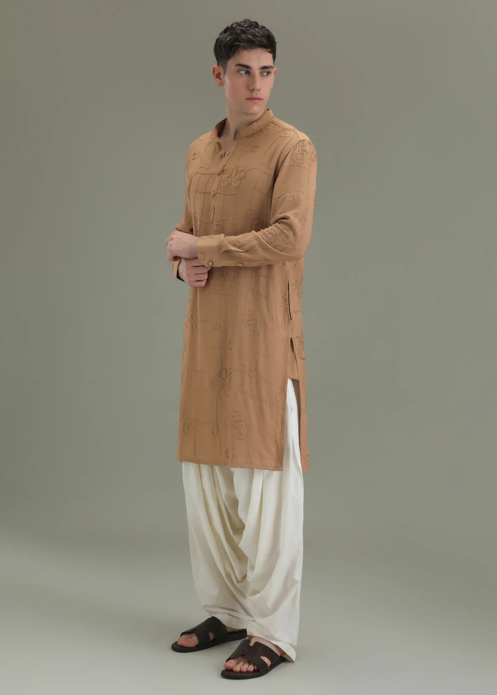 Sand Brown Self Thread Embroidered Kurta - Image 5