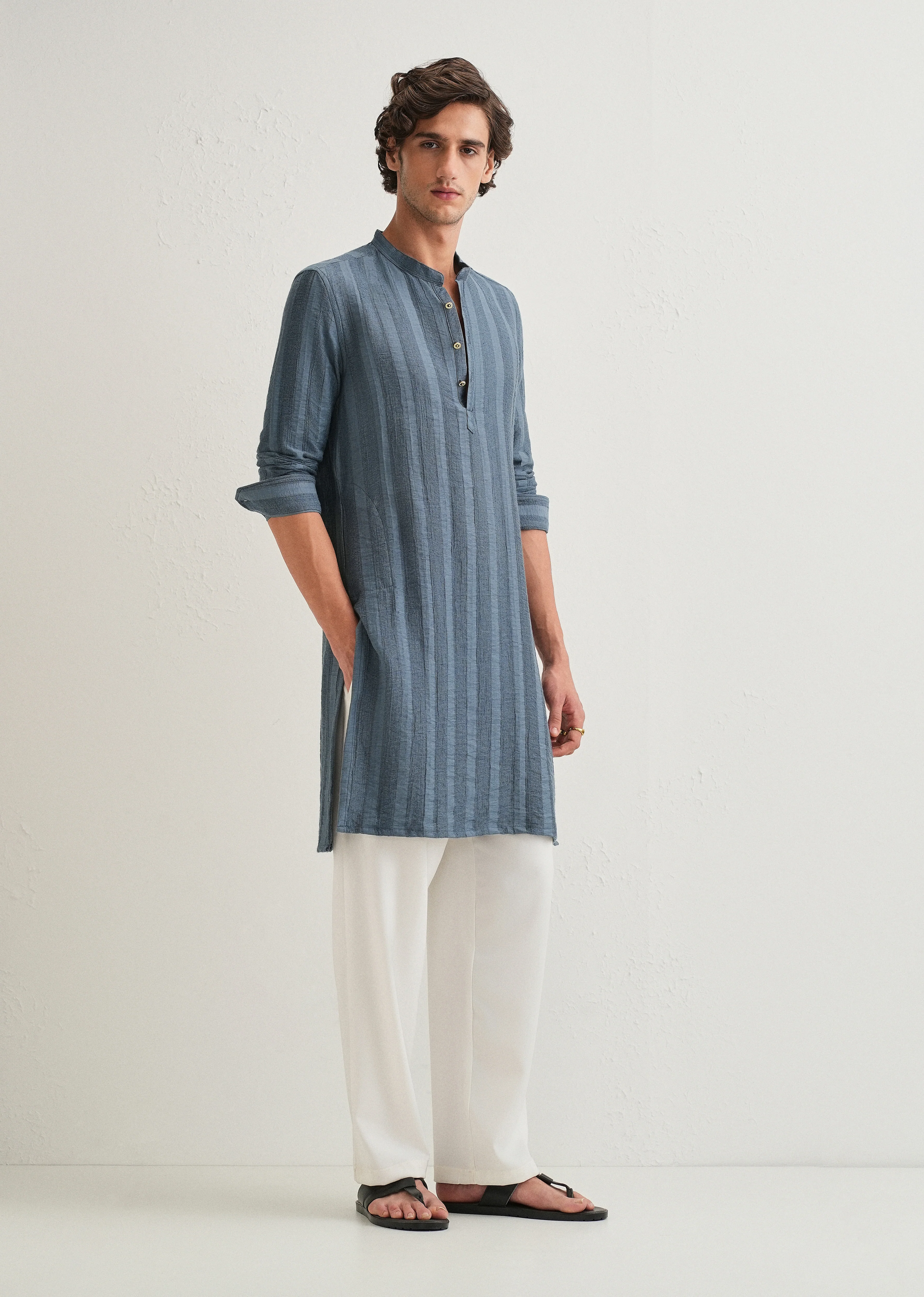 Sapphire Blue Textured Vertical Stripe Kurta - Image 9
