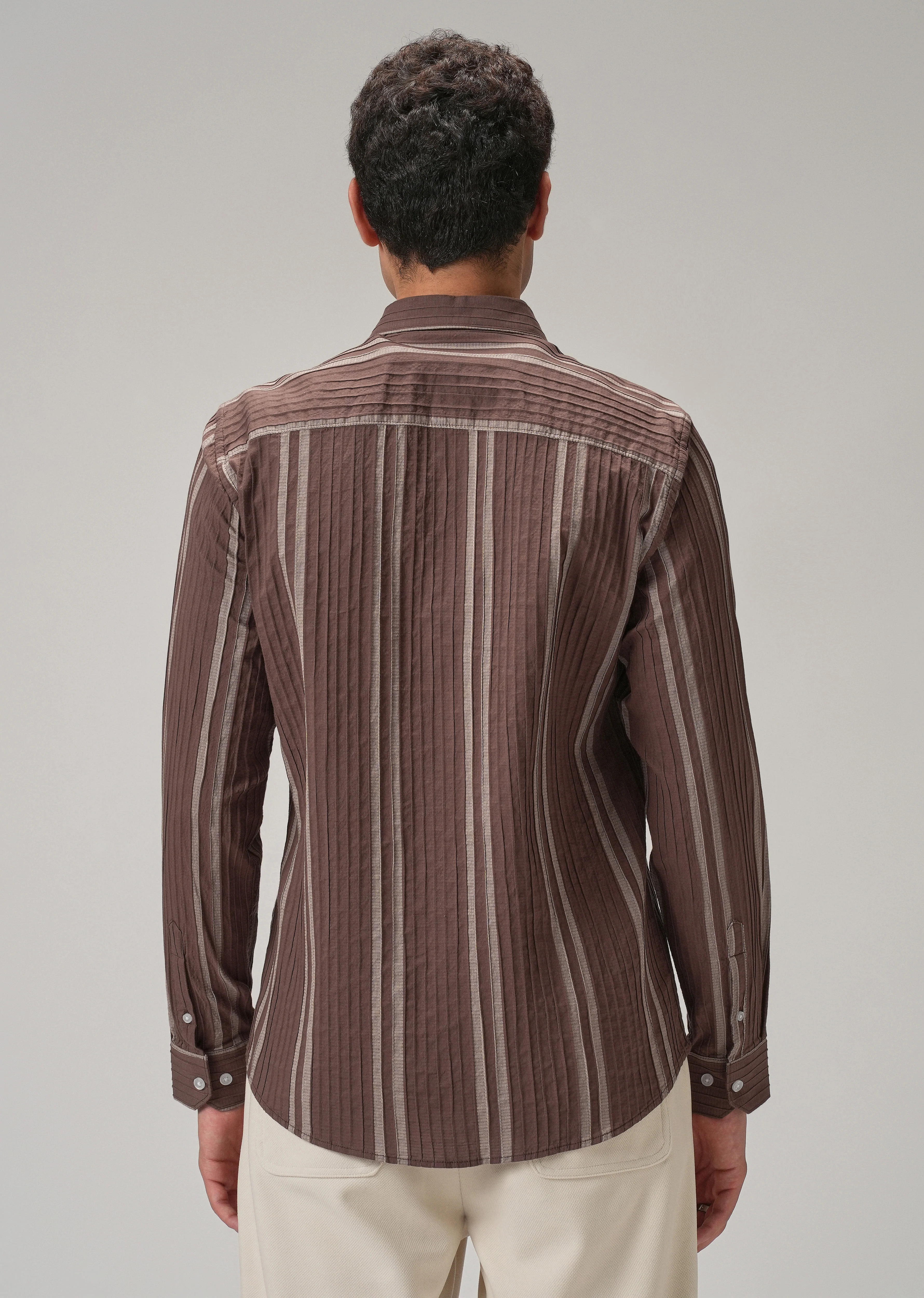 Self Pleat Brown Stripe Shirt - Image 2