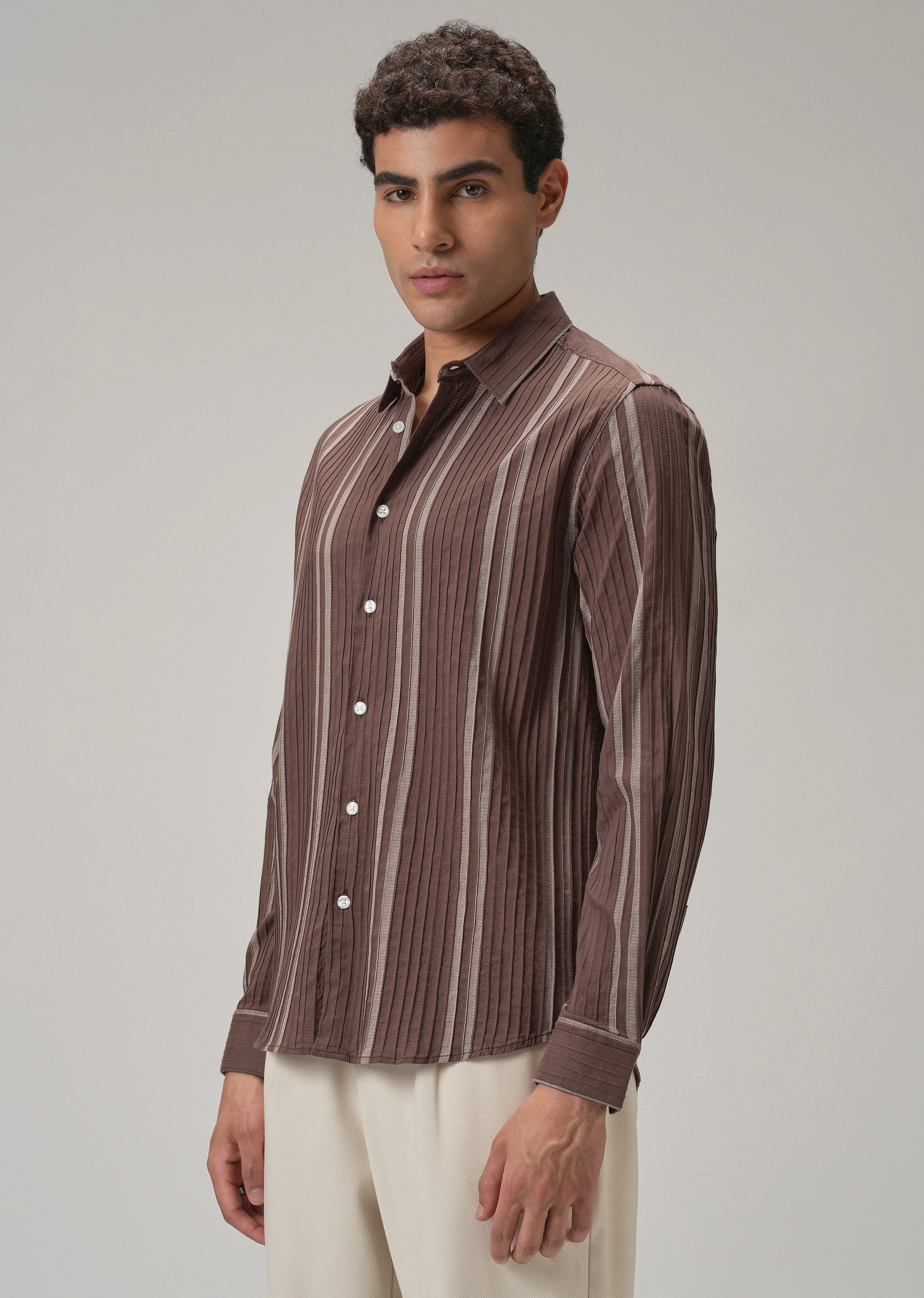 Self Pleat Brown Stripe Shirt - Image 4