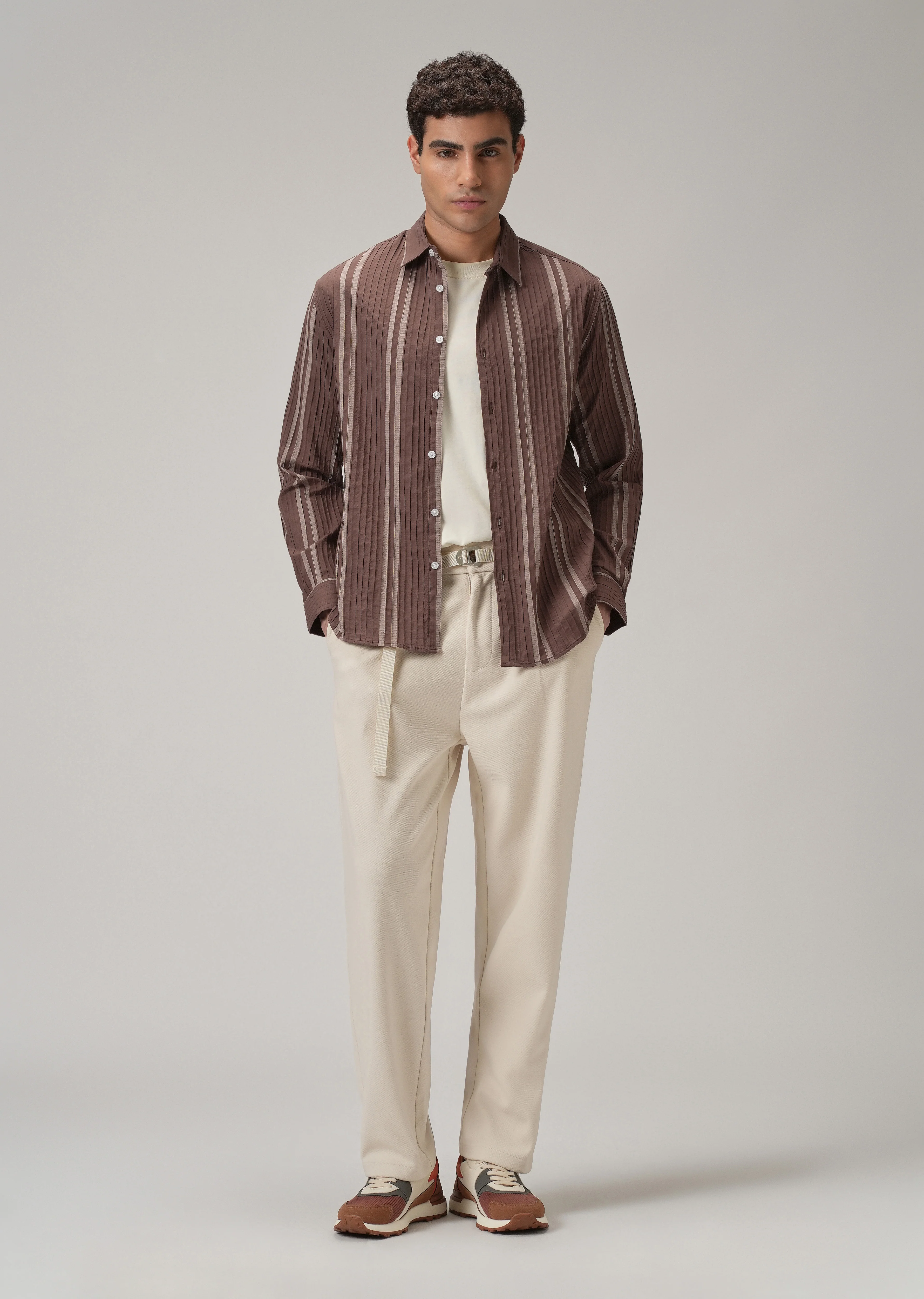 Self Pleat Brown Stripe Shirt - Image 6