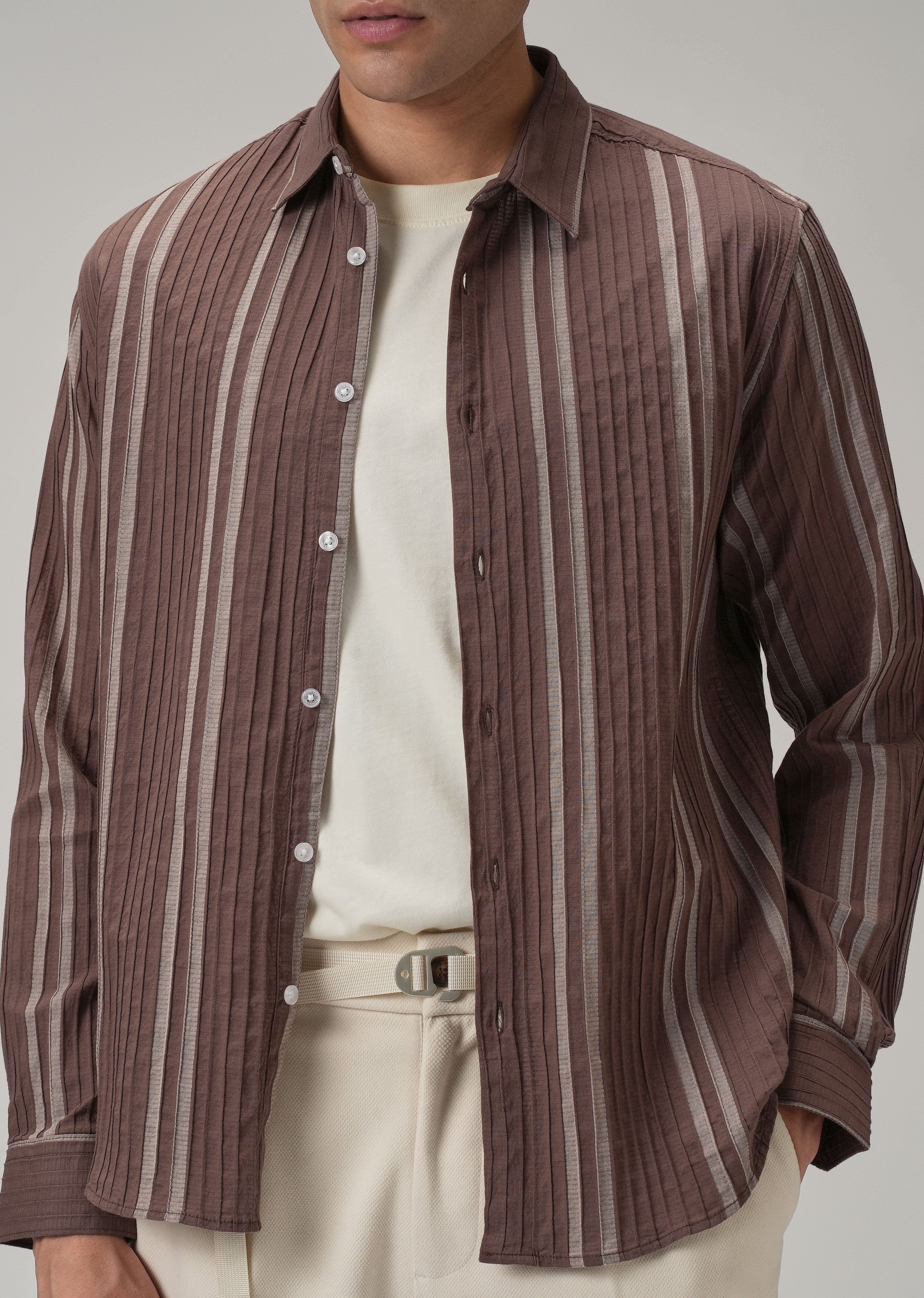 Self Pleat Brown Stripe Shirt - Image 7