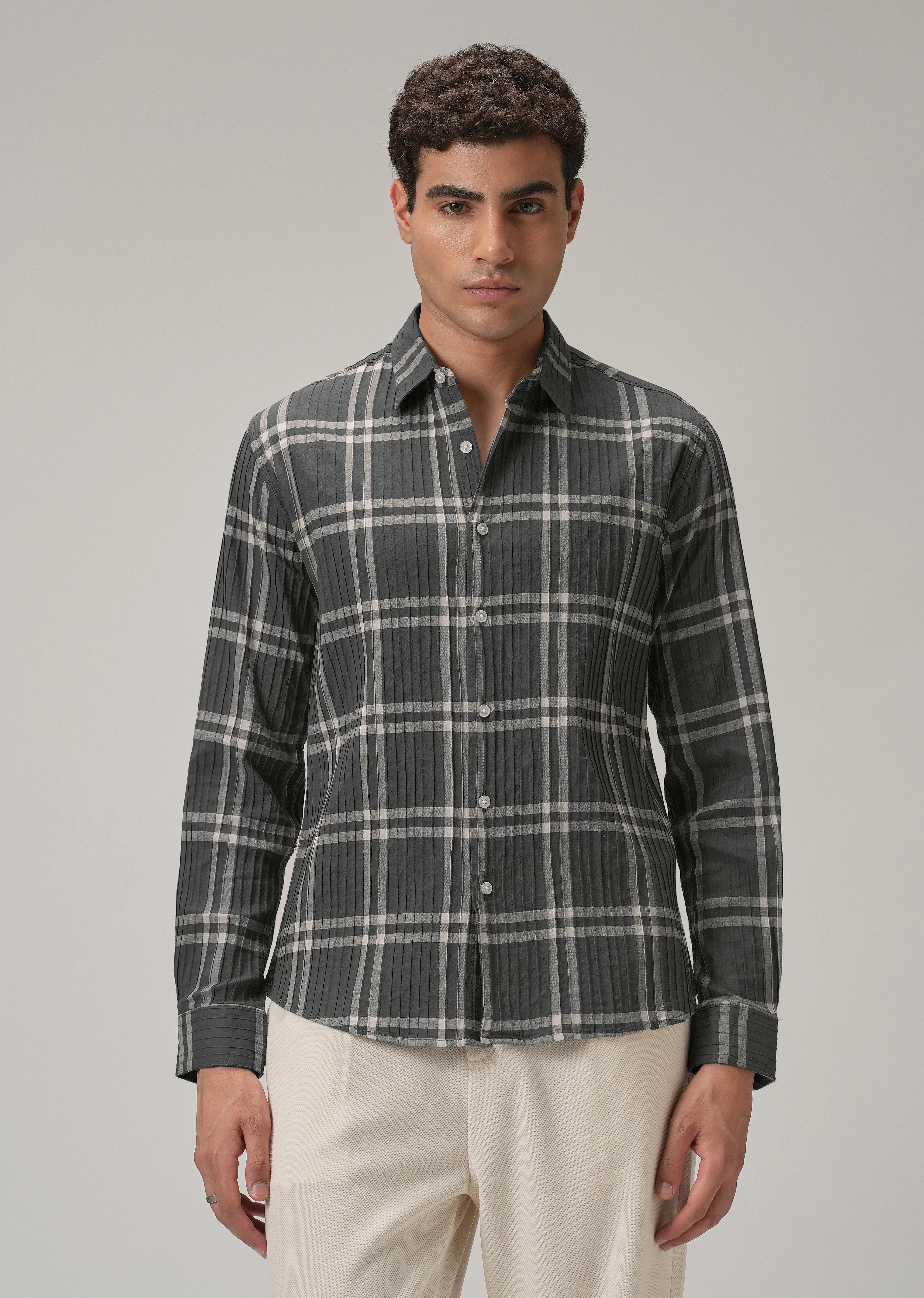 Self Pleat Grey Beige Check Shirt - Image 3