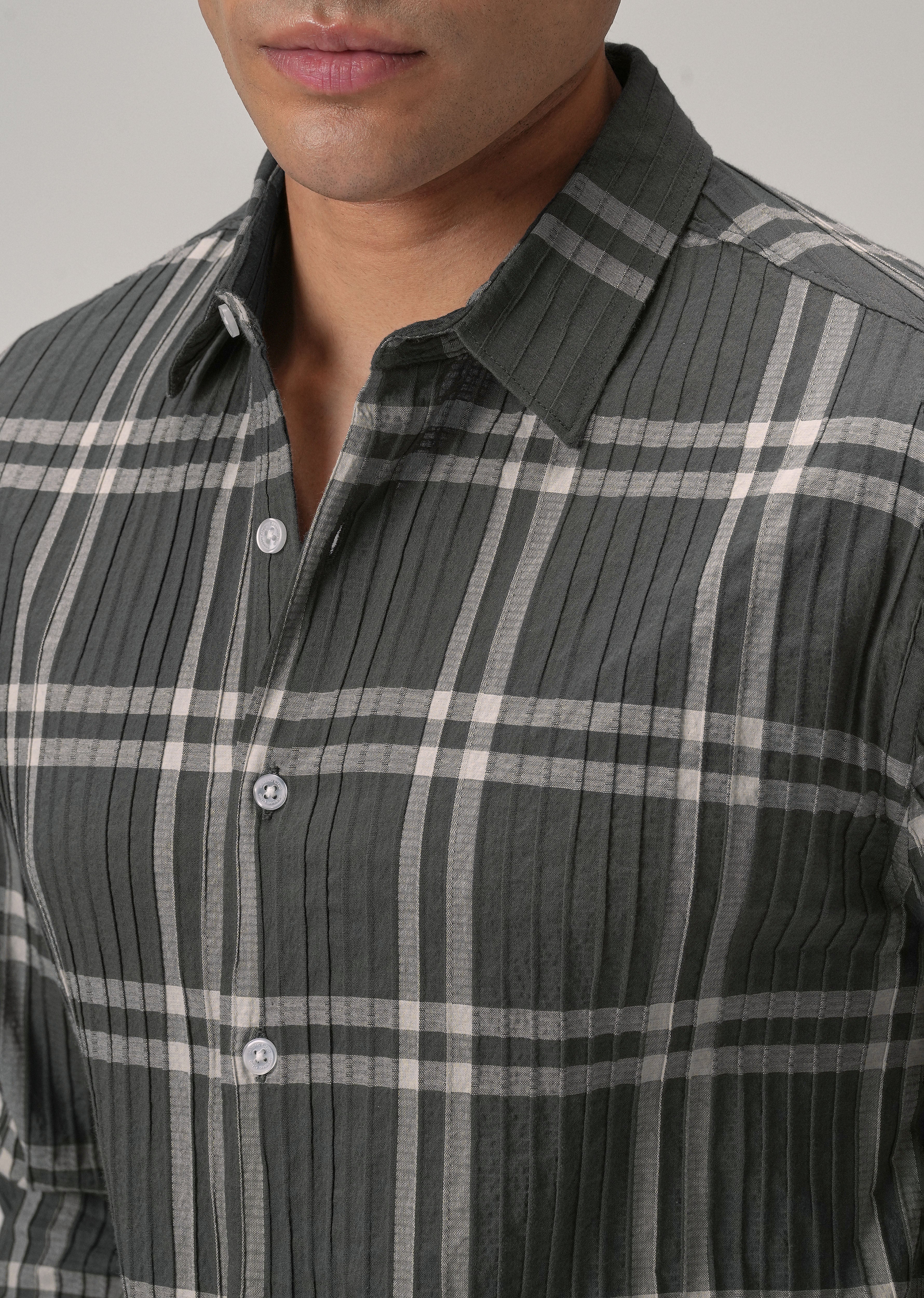 Self Pleat Grey Beige Check Shirt - Image 5